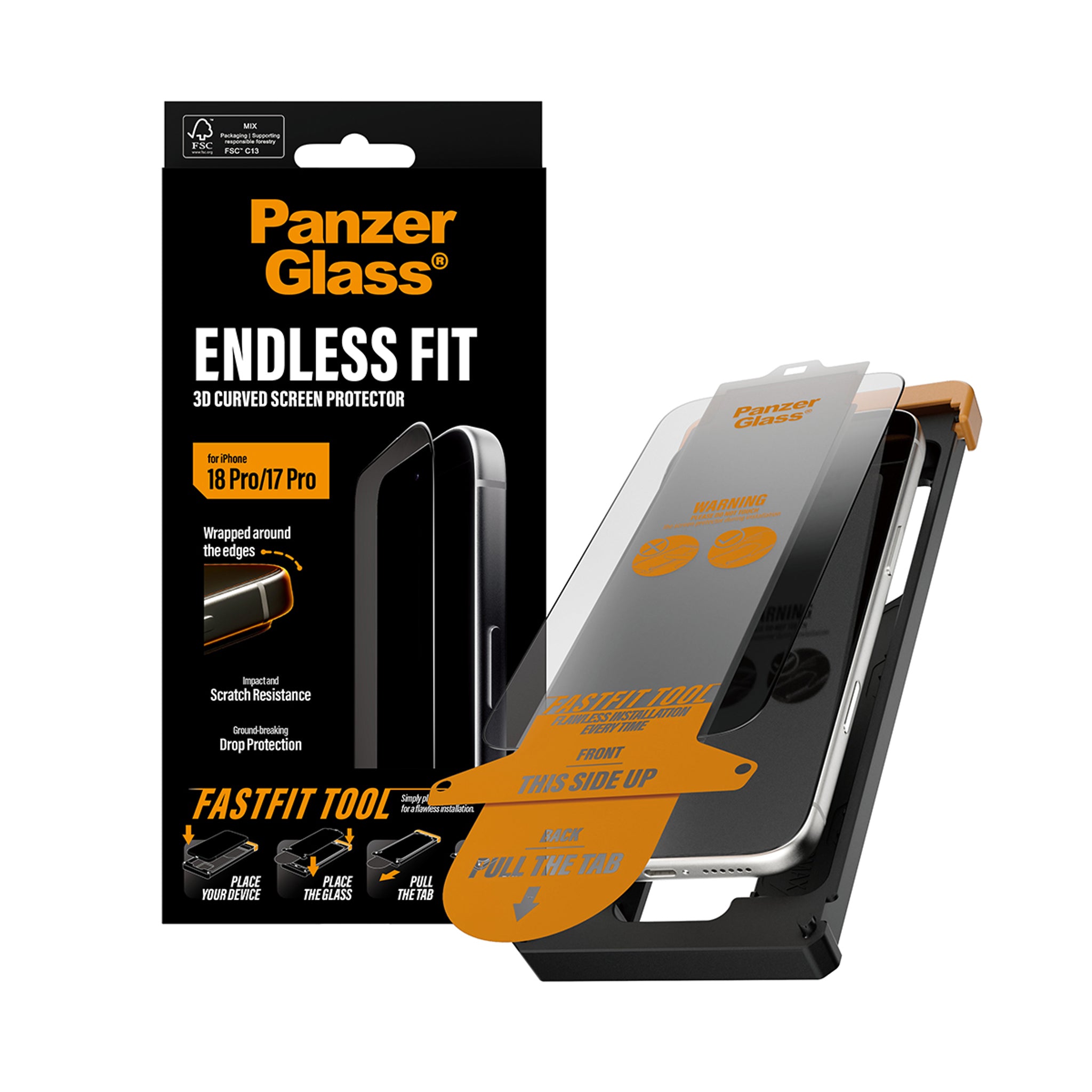 PanzerGlass® Endless Fit 3D Curve Displayschutz iPhone 18 Pro | 17 Pro m. FastFit Tool