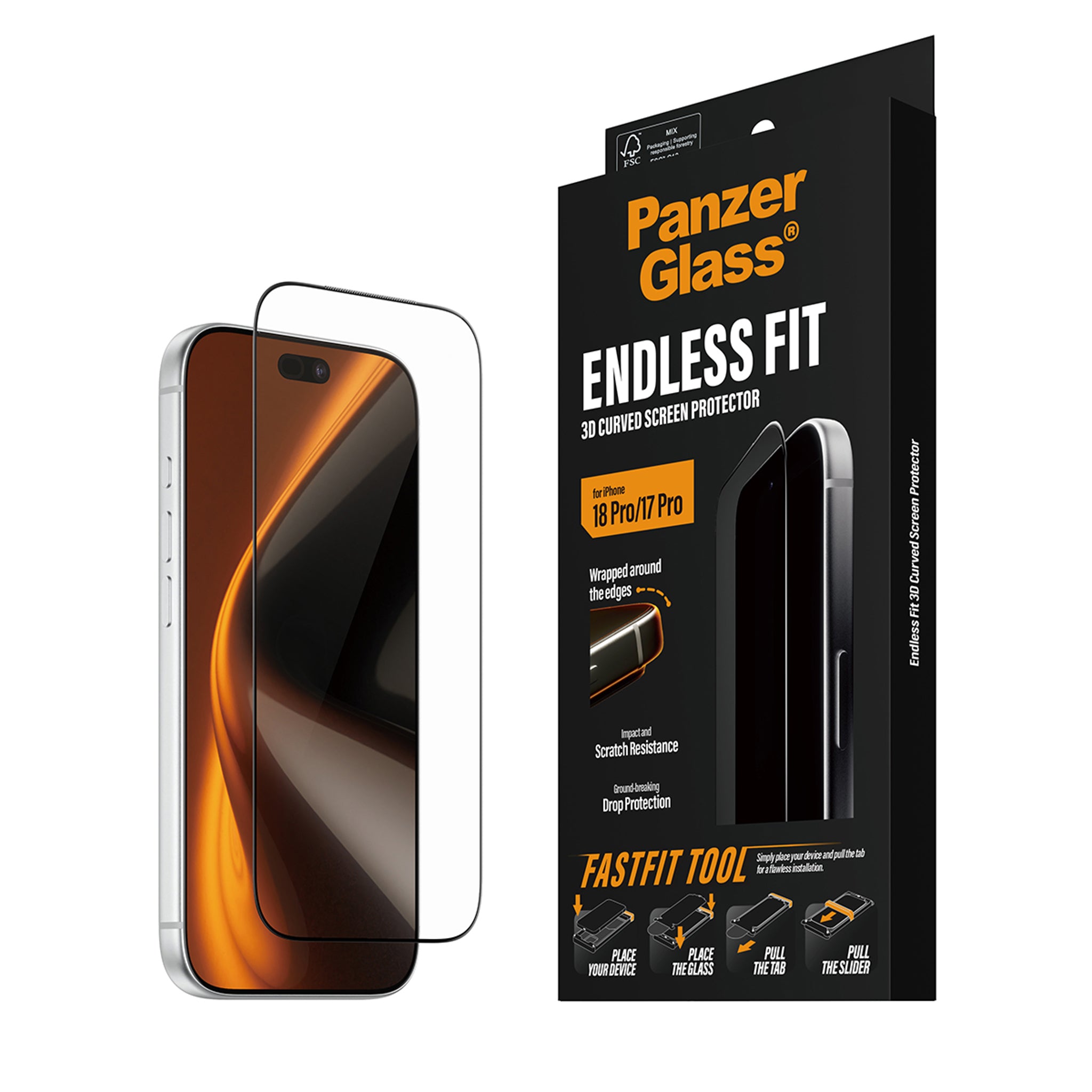 PanzerGlass® Endless Fit 3D Curve Displayschutz iPhone 18 Pro | 17 Pro m. FastFit Tool
