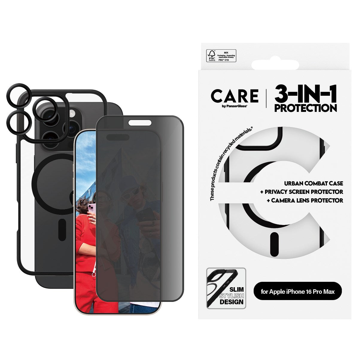 CARE by PanzerGlass® Flagship 3-in-1 Privacy Set iPhone 16 Pro Max