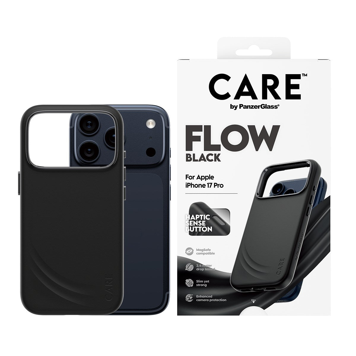 CARE by PanzerGlass® Feature FLOW Case Schwarz m. Cutout for Haptic & MagSafe iPhone 17 Pro