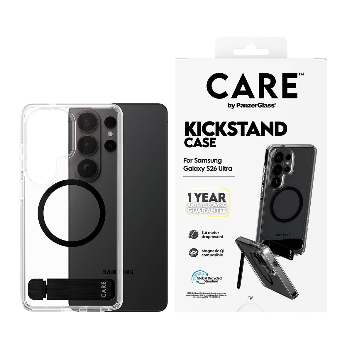 CARE™ by PanzerGlass® Urban Explorer Case Transparent m. Schwarz Kickstand & Qi Samsung Galaxy S26 Ultra
