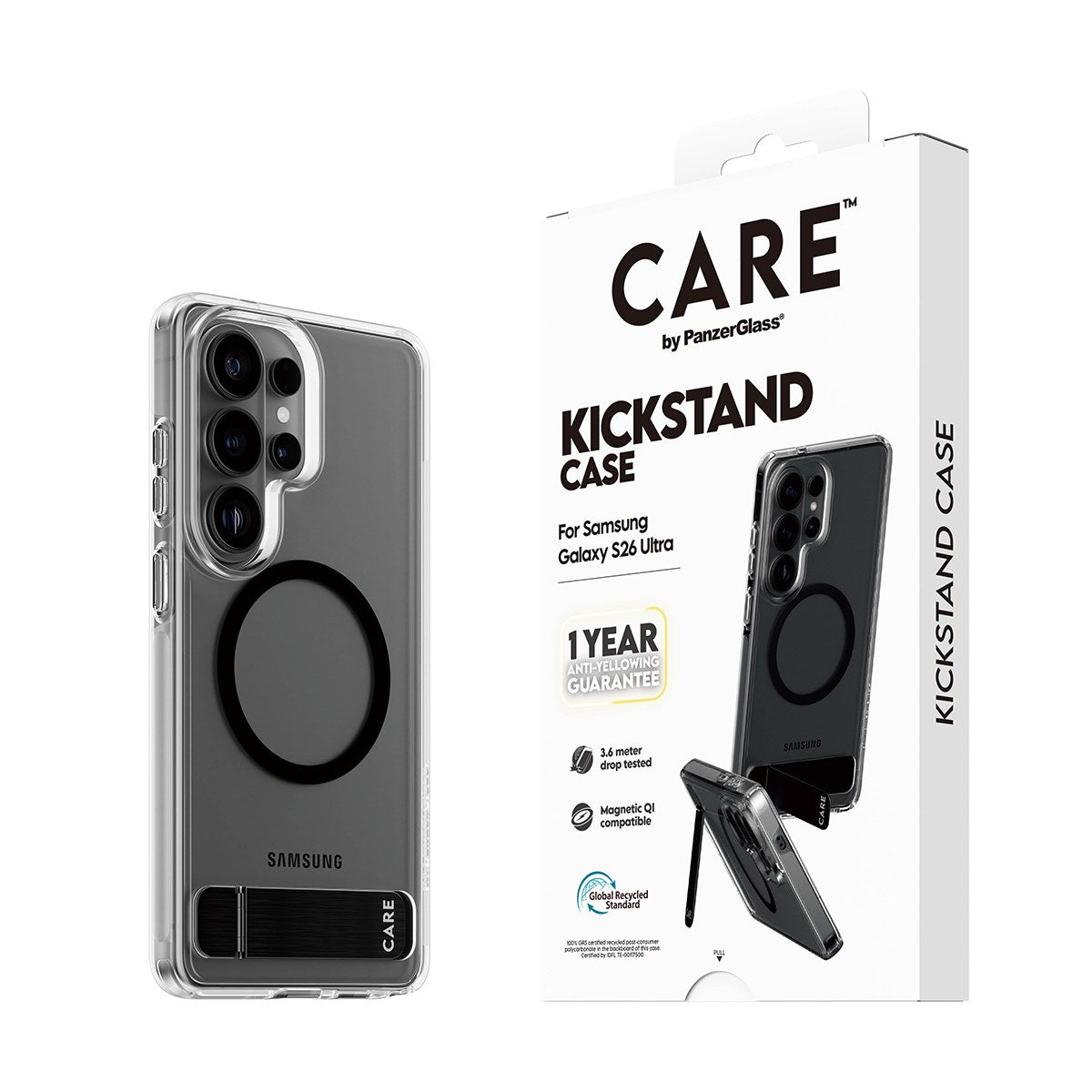 CARE™ by PanzerGlass® Urban Explorer Case Transparent m. Schwarz Kickstand & Qi Samsung Galaxy S26 Ultra