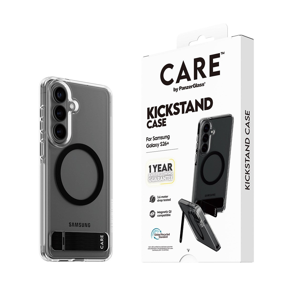 CARE™ by PanzerGlass® Urban Explorer Case Transparent m. Schwarz Kickstand & Qi Samsung Galaxy S26+
