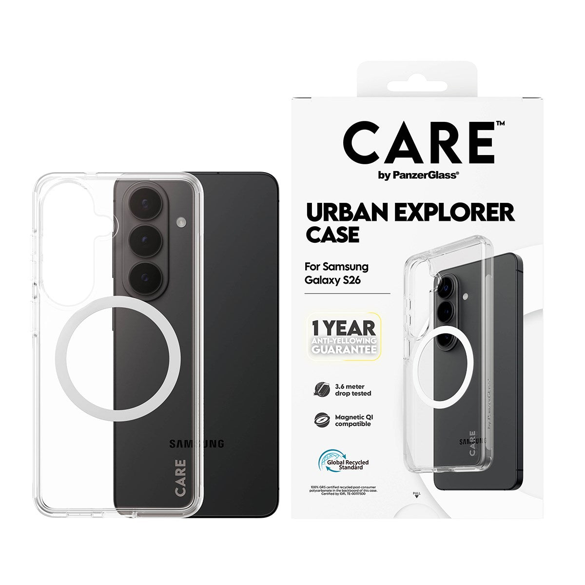 CARE™ by PanzerGlass® Urban Explorer Case Transparent m. Weiss Qi Samsung Galaxy S26