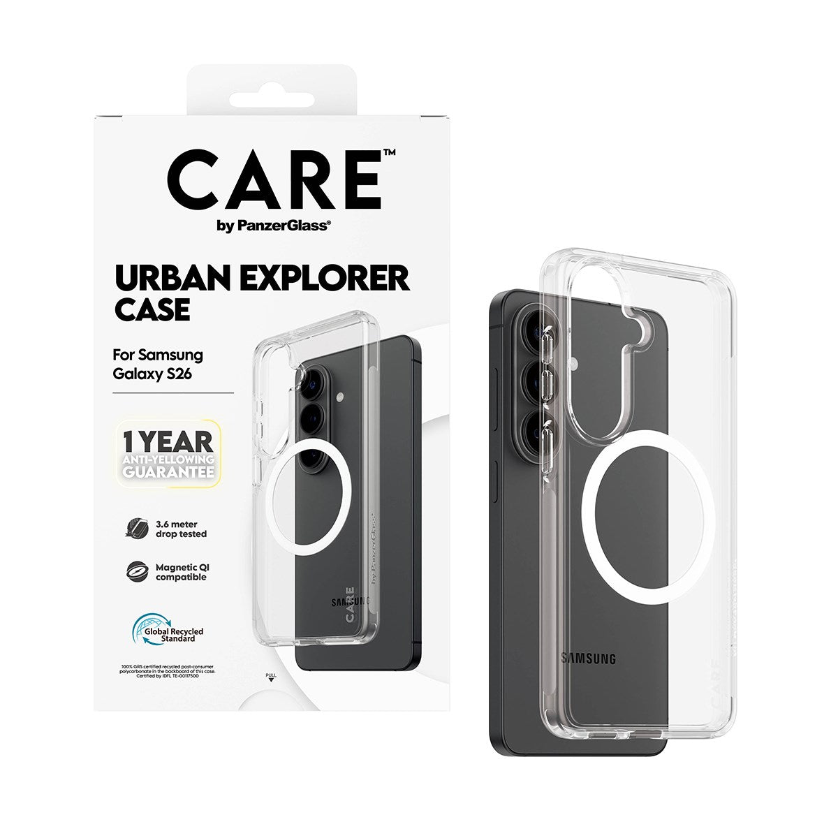 CARE™ by PanzerGlass® Urban Explorer Case Transparent m. Weiss Qi Samsung Galaxy S26
