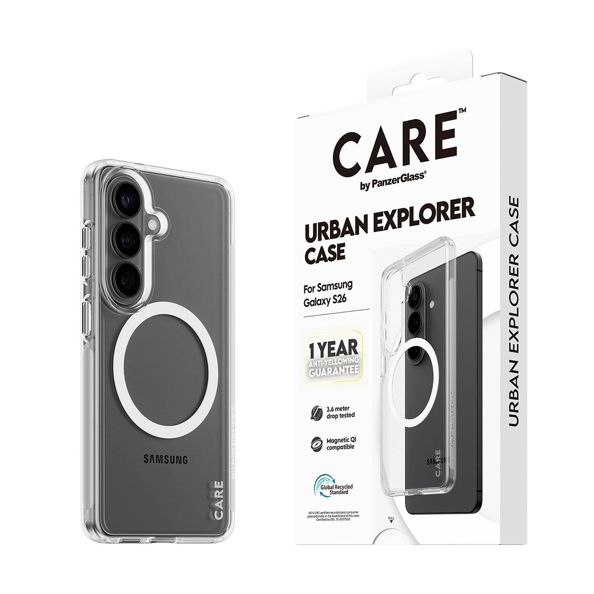 CARE™ by PanzerGlass® Urban Explorer Case Transparent m. Weiss Qi Samsung Galaxy S26
