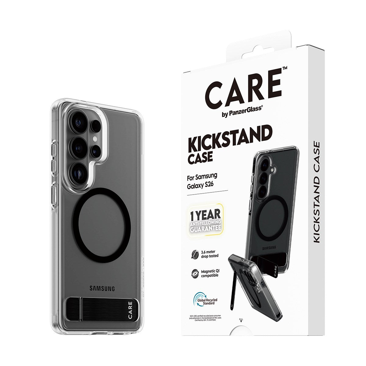 CARE™ by PanzerGlass® Urban Explorer Case Transparent m. Schwarz Kickstand & Qi Samsung Galaxy S26