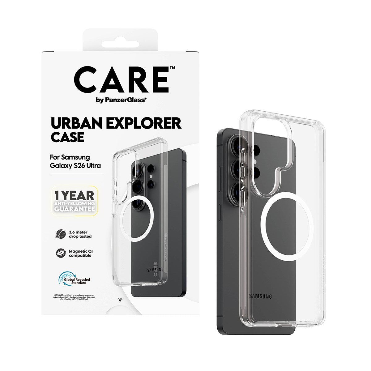 CARE™ by PanzerGlass® Urban Explorer Case Transparent m. Weiss Qi Samsung Galaxy S26 Ultra