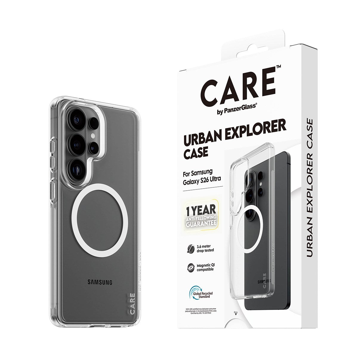 CARE™ by PanzerGlass® Urban Explorer Case Transparent m. Weiss Qi Samsung Galaxy S26 Ultra