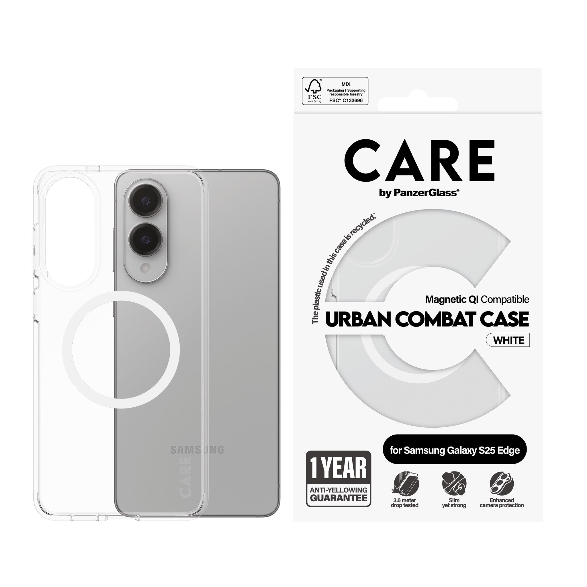 CARE by PanzerGlass® Flagship Case Transparent Urban Combat m. Weiß Qi Compatible Samsung S25 Edge