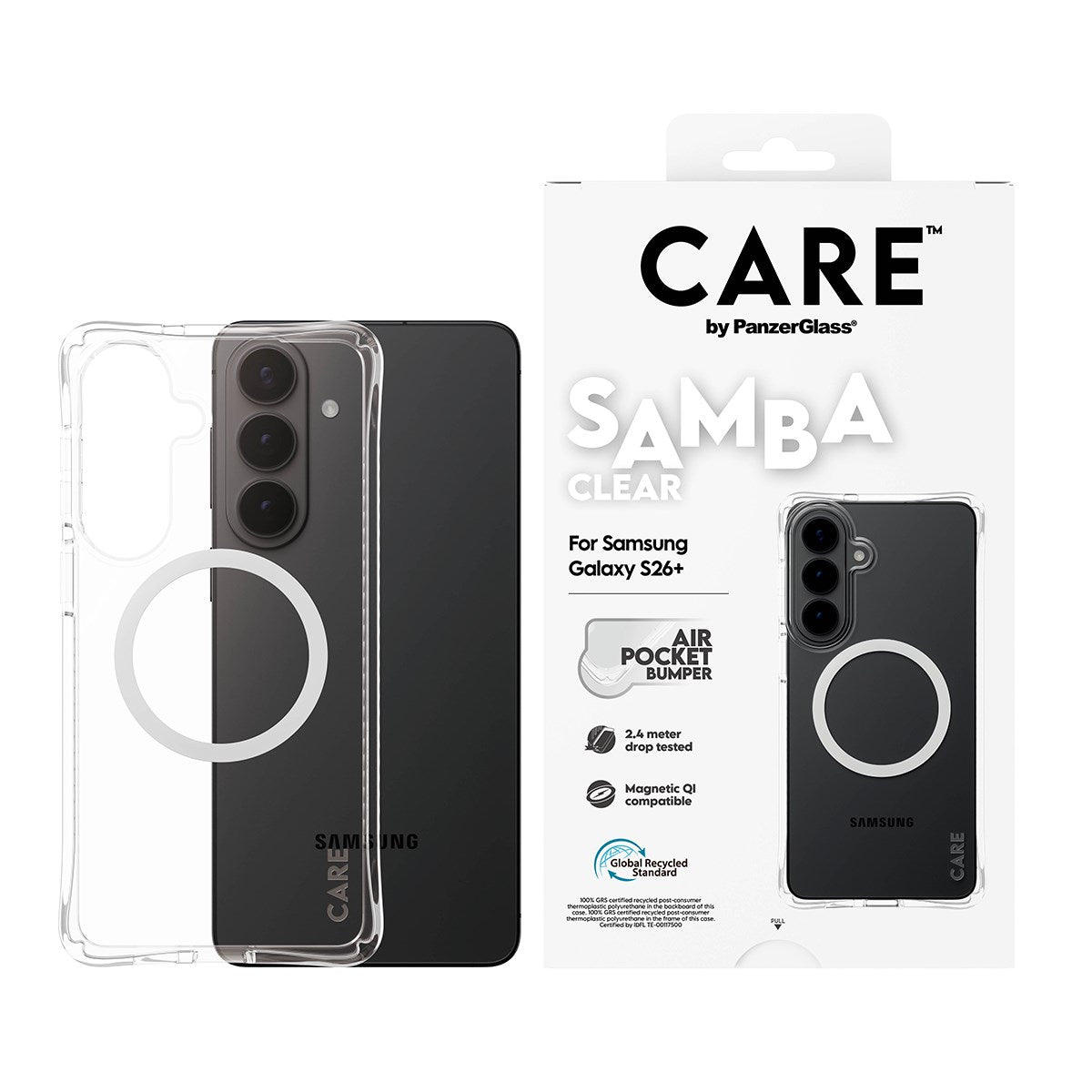 CARE™ by PanzerGlass® Samba Case Transparent m. Weiss Qi Samsung Galaxy S26+