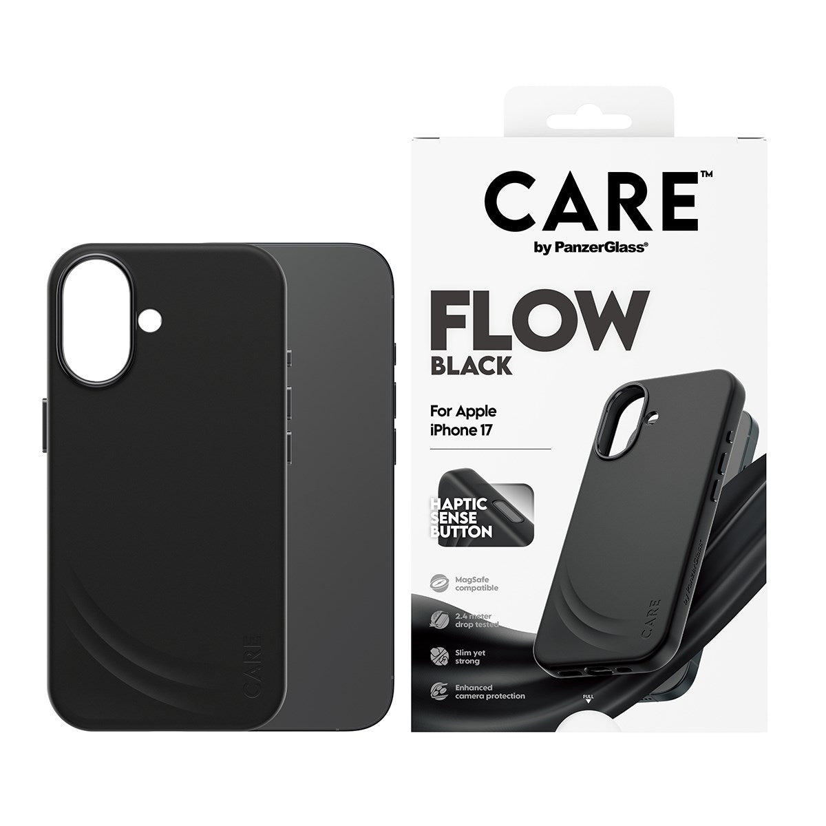 CARE by PanzerGlass® Feature FLOW Case Schwarz m. Cutout for Haptic & MagSafe iPhone 17