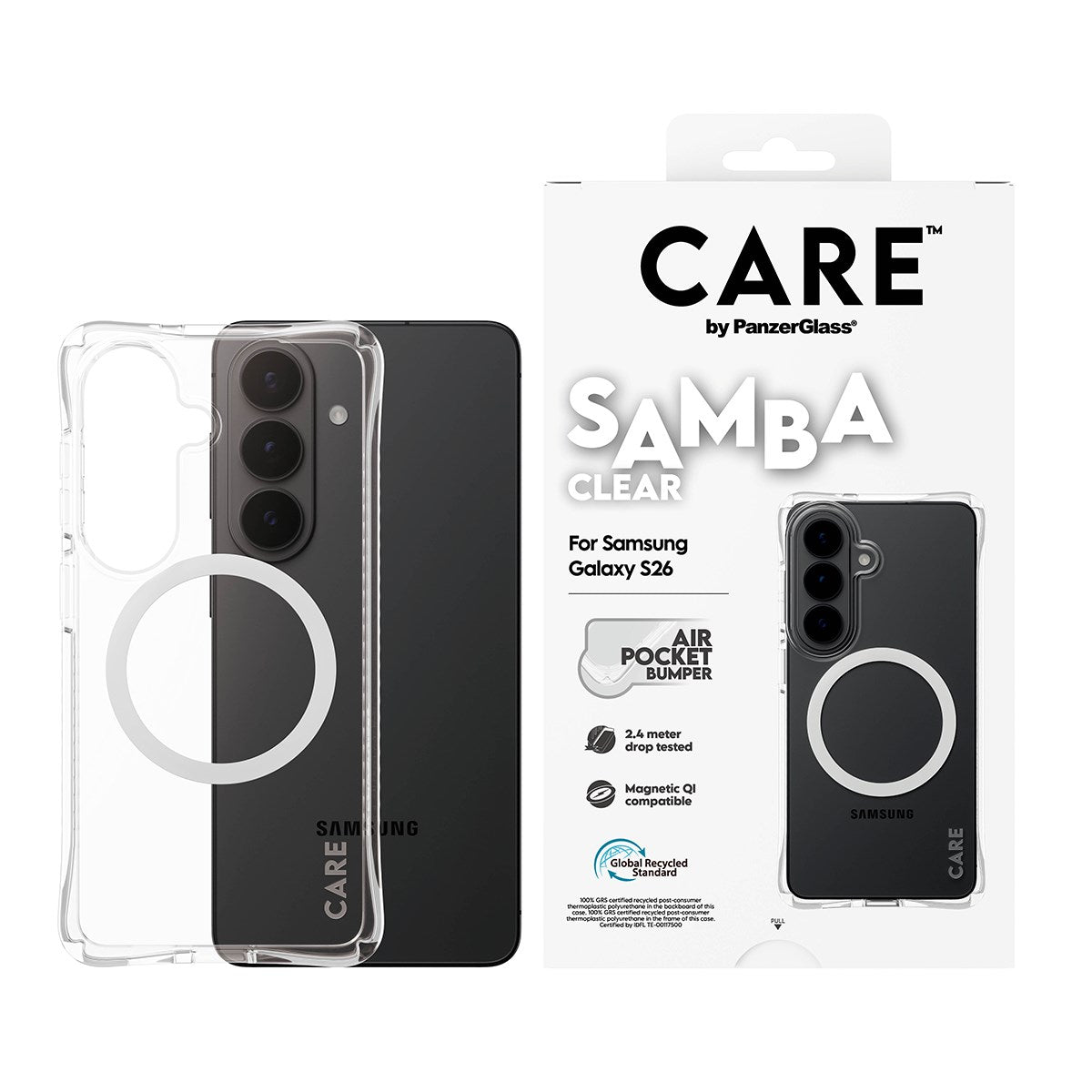 CARE™ by PanzerGlass® Samba Case Transparent m. Weiss Qi Samsung Galaxy S26