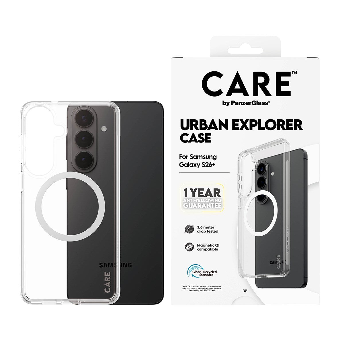 CARE™ by PanzerGlass® Urban Explorer Case Transparent m. Weiss Qi Samsung Galaxy S26+
