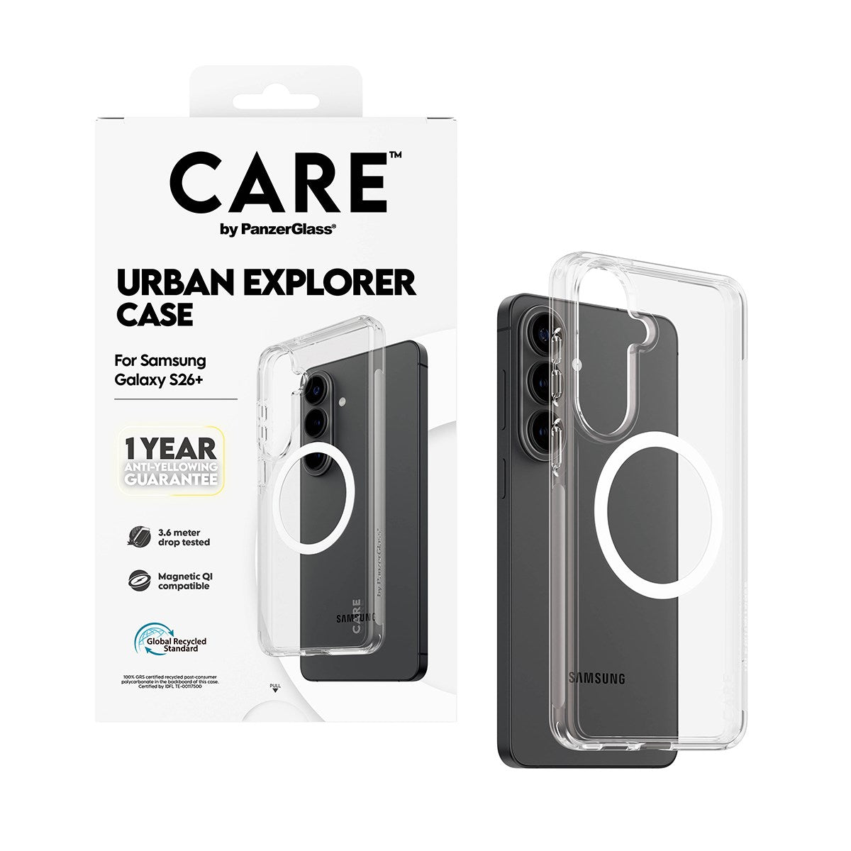 CARE™ by PanzerGlass® Urban Explorer Case Transparent m. Weiss Qi Samsung Galaxy S26+