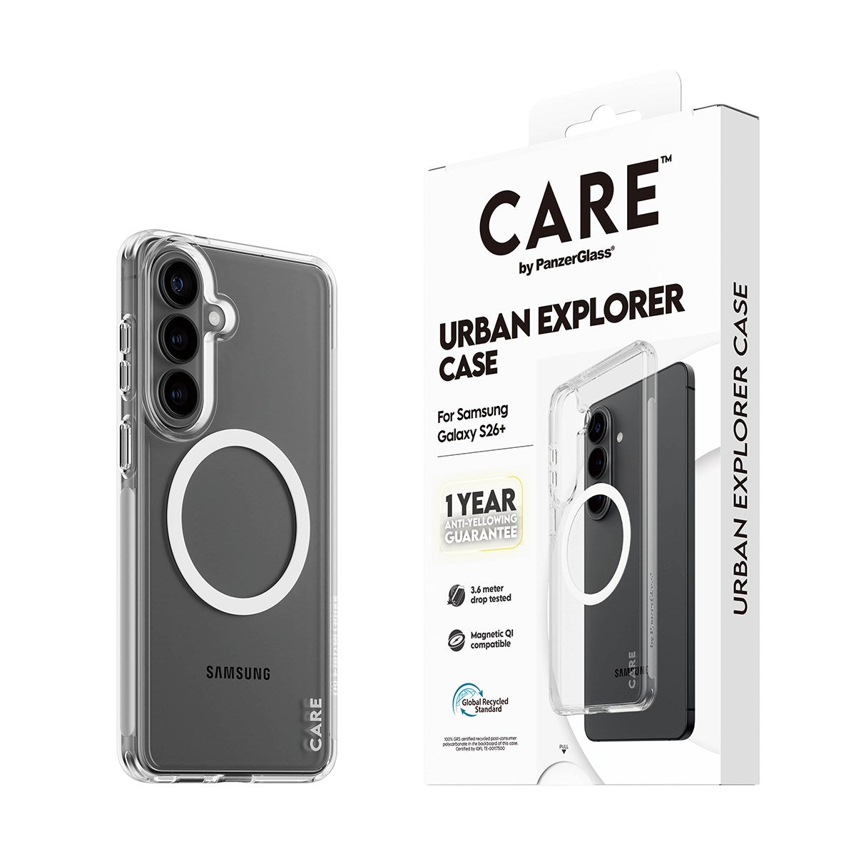 CARE™ by PanzerGlass® Urban Explorer Case Transparent m. Weiss Qi Samsung Galaxy S26+