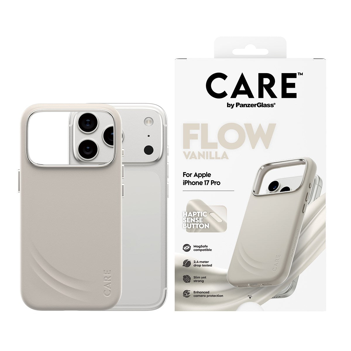 CARE by PanzerGlass® Feature FLOW Case Vanilla m. Cutout for Haptic & MagSafe iPhone 17 Pro