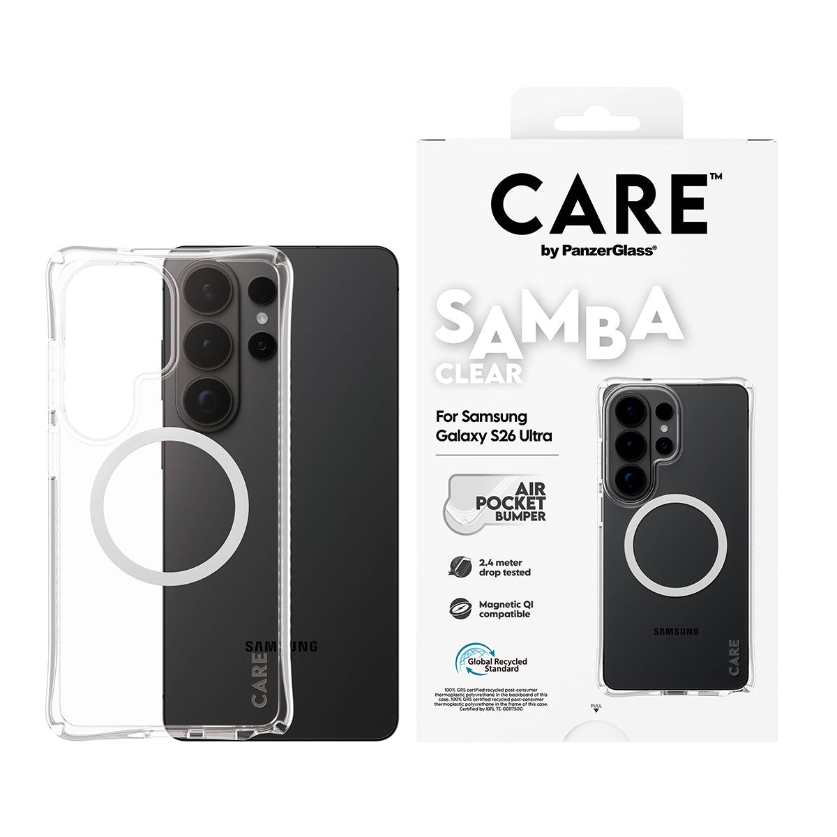 CARE™ by PanzerGlass® Samba Case Transparent m. Weiss Qi Samsung Galaxy S26 Ultra