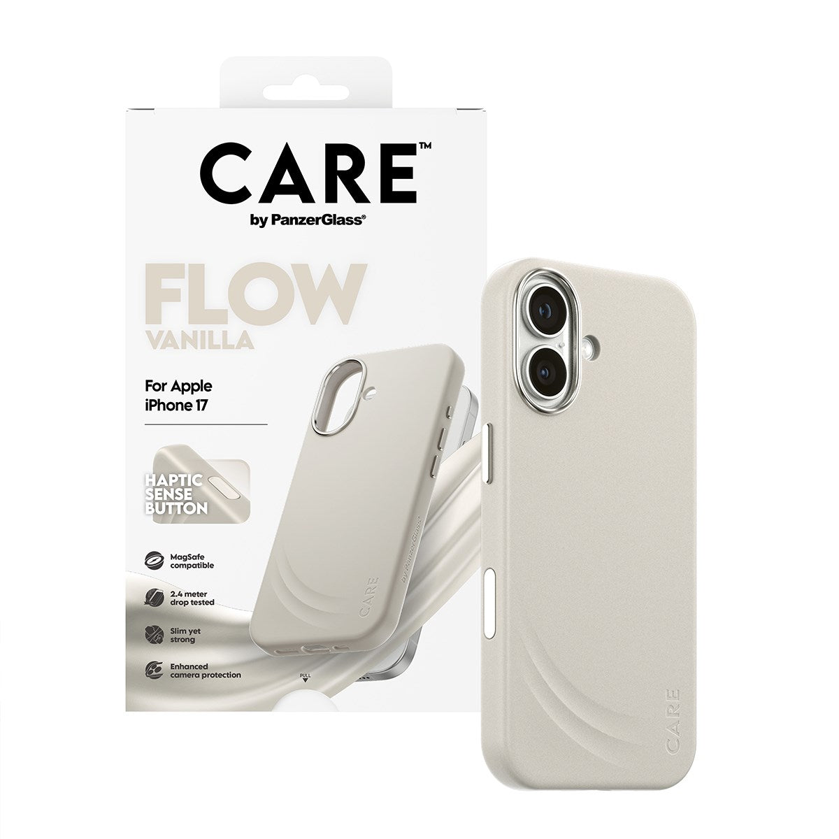 CARE by PanzerGlass® Feature FLOW Case Vanilla m. Cutout for Haptic & MagSafe iPhone 17