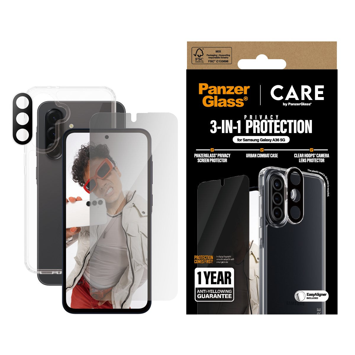 CARE by PanzerGlass® Flagship 3-in-1 Privacy Set Samsung Galaxy A36 5G