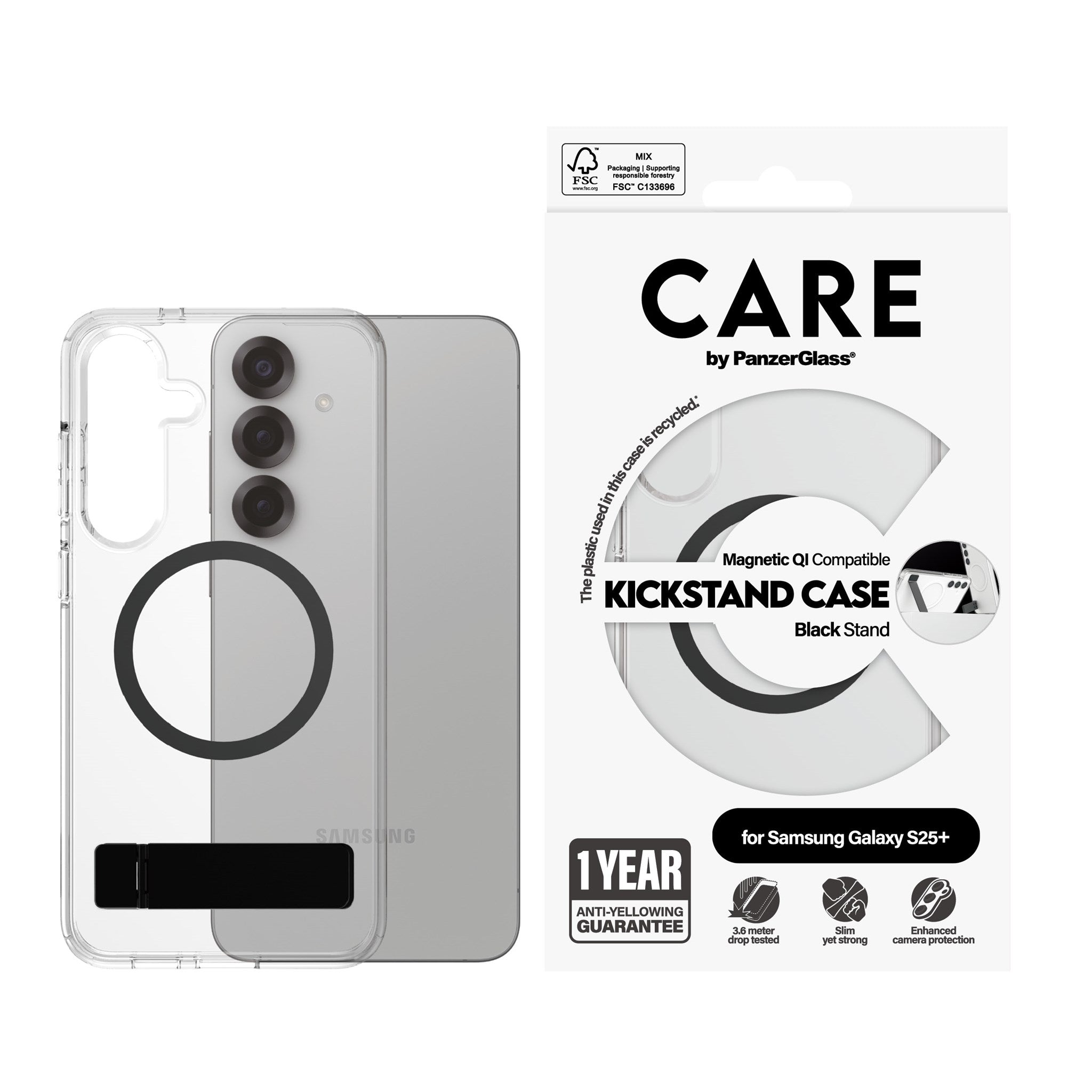 CARE by PanzerGlass® Feature Case Transparent m. Schwarz Kickstand & Qi Compatible Samsung Galaxy S25+