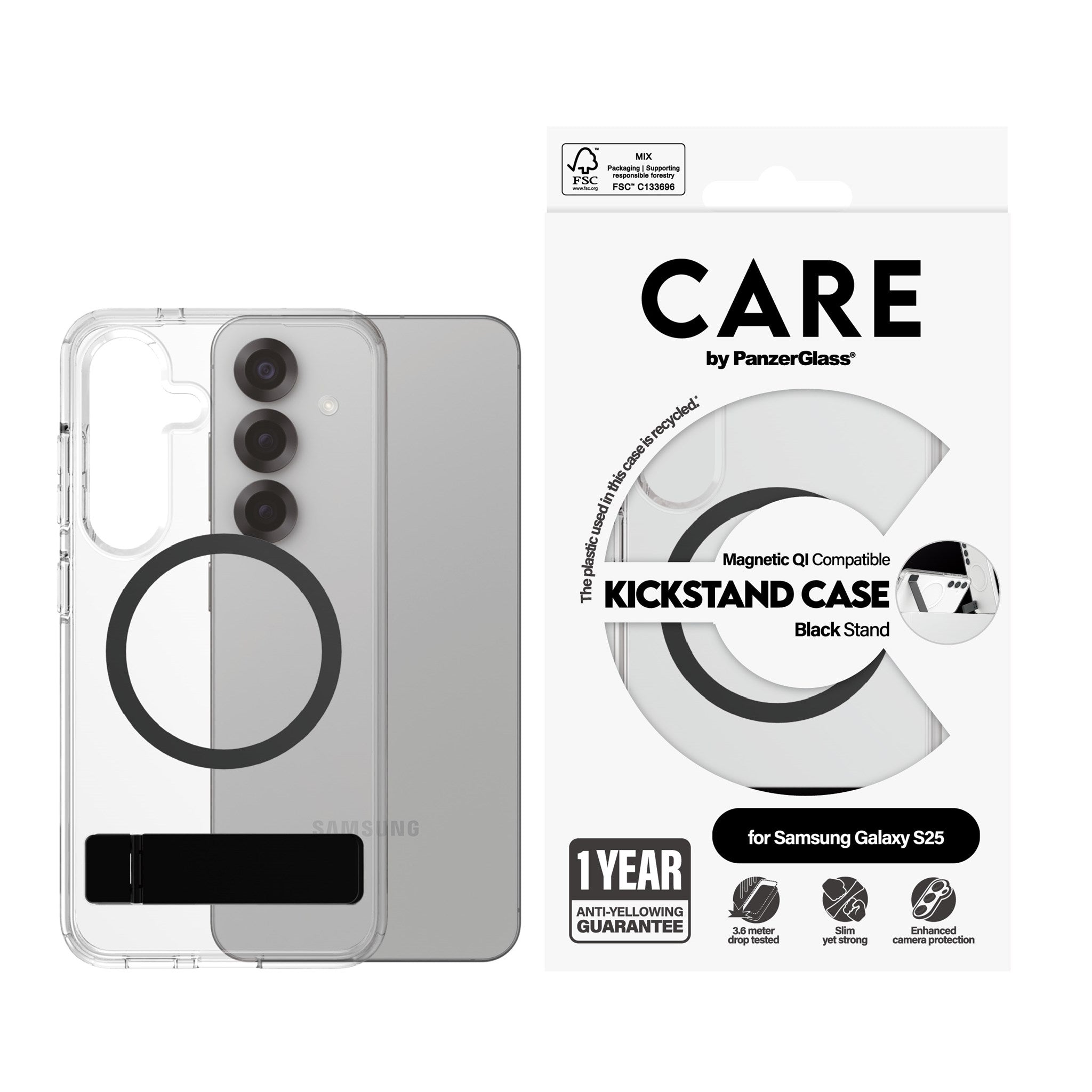 CARE by PanzerGlass® Feature Case Transparent m. Schwarz Kickstand & Qi Compatible Samsung Galaxy S25