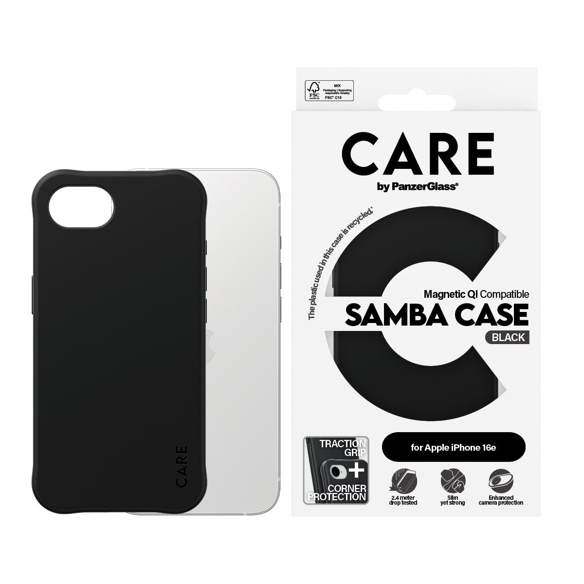 CARE by PanzerGlass® Fashionable Case Samba Schwarz m. Qi Compatible iPhone 16e