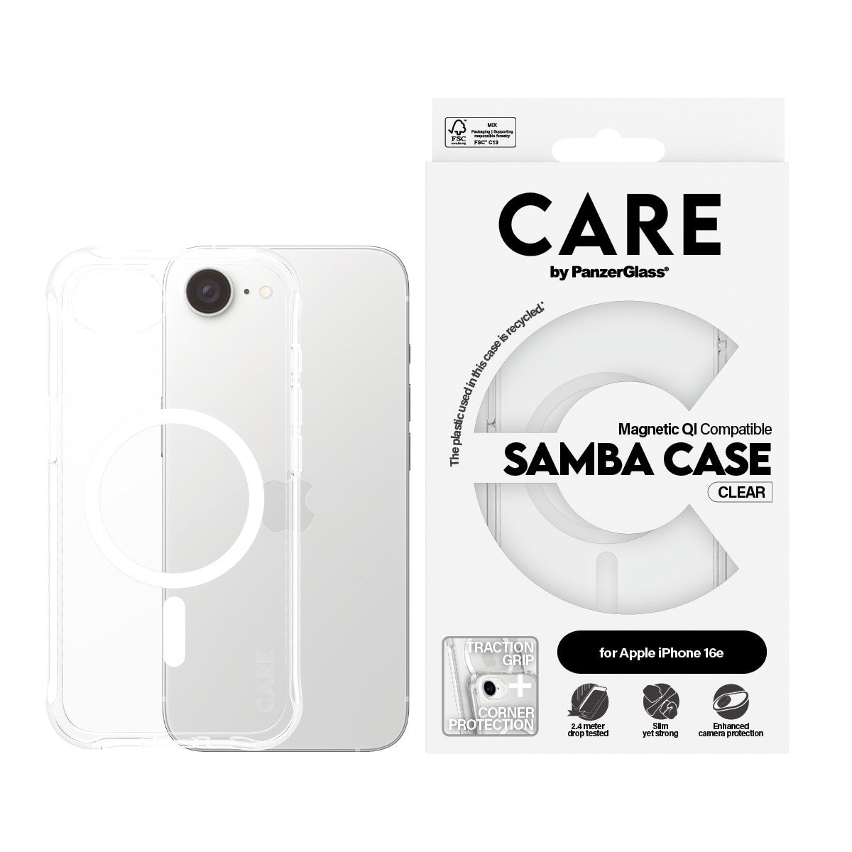 CARE by PanzerGlass® Fashionable Case Samba Transparent m. Weiß Qi Compatible iPhone 16e