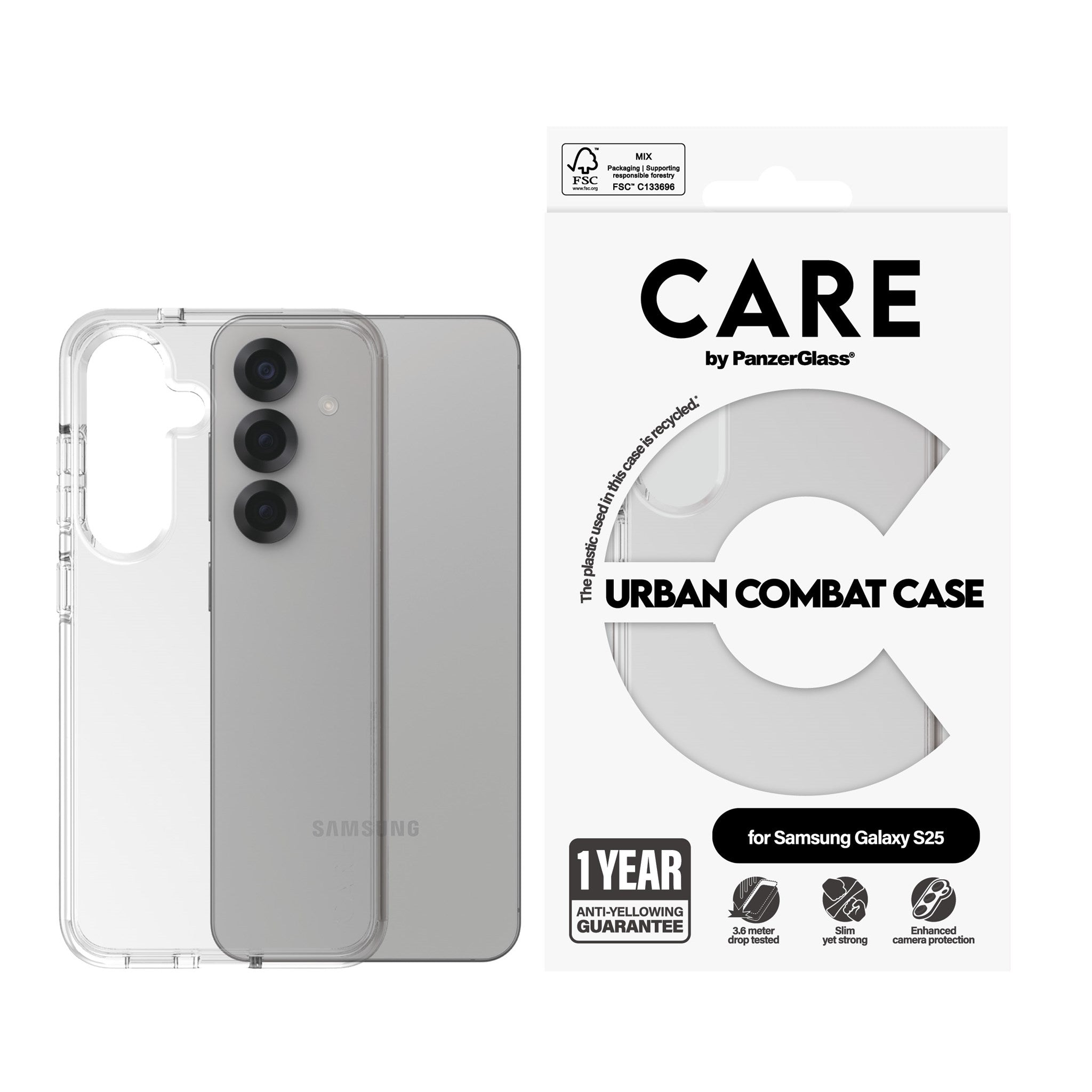 CARE by PanzerGlass® Flagship Case Transparent Urban Combat m. Klarer Rahmen Samsung Galaxy S25