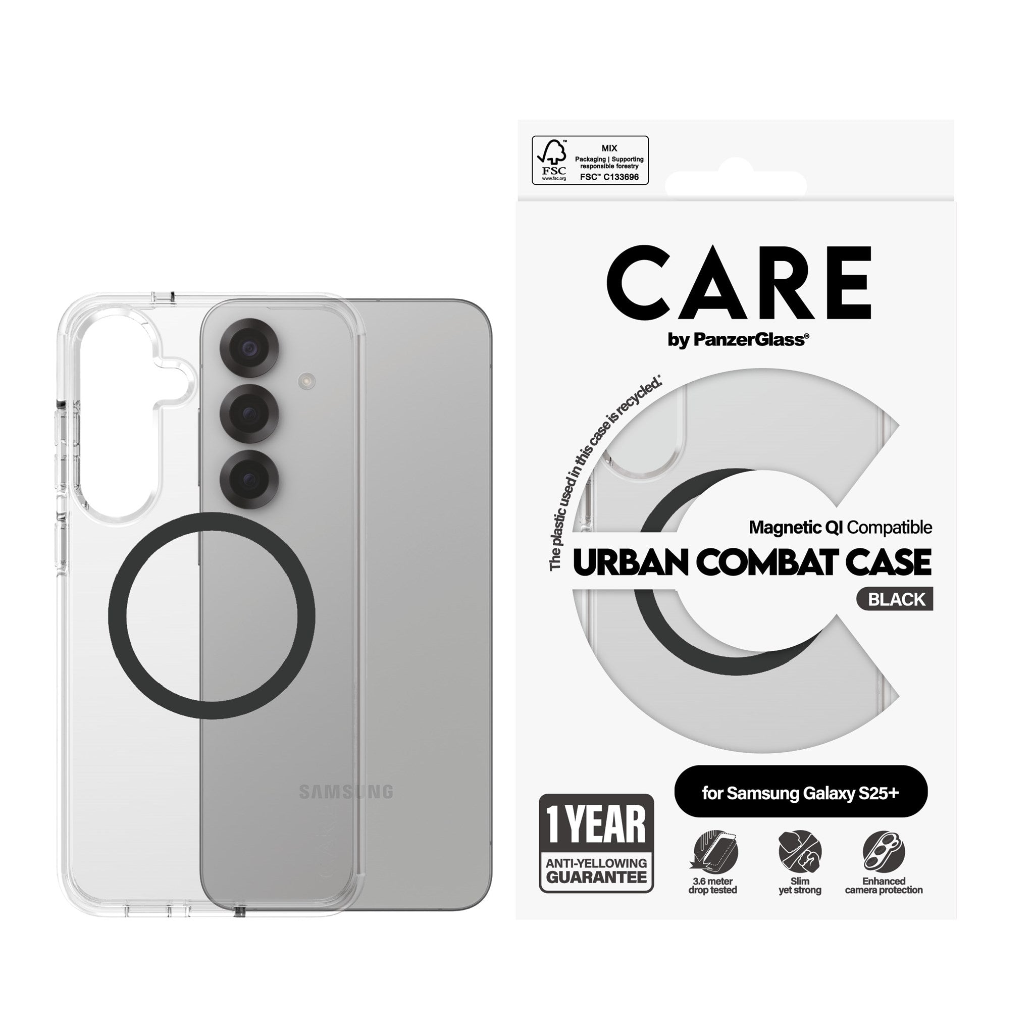CARE by PanzerGlass® Flagship Case Transparent Urban Combat m. Schwarz Qi Compatible Samsung Galaxy S25+