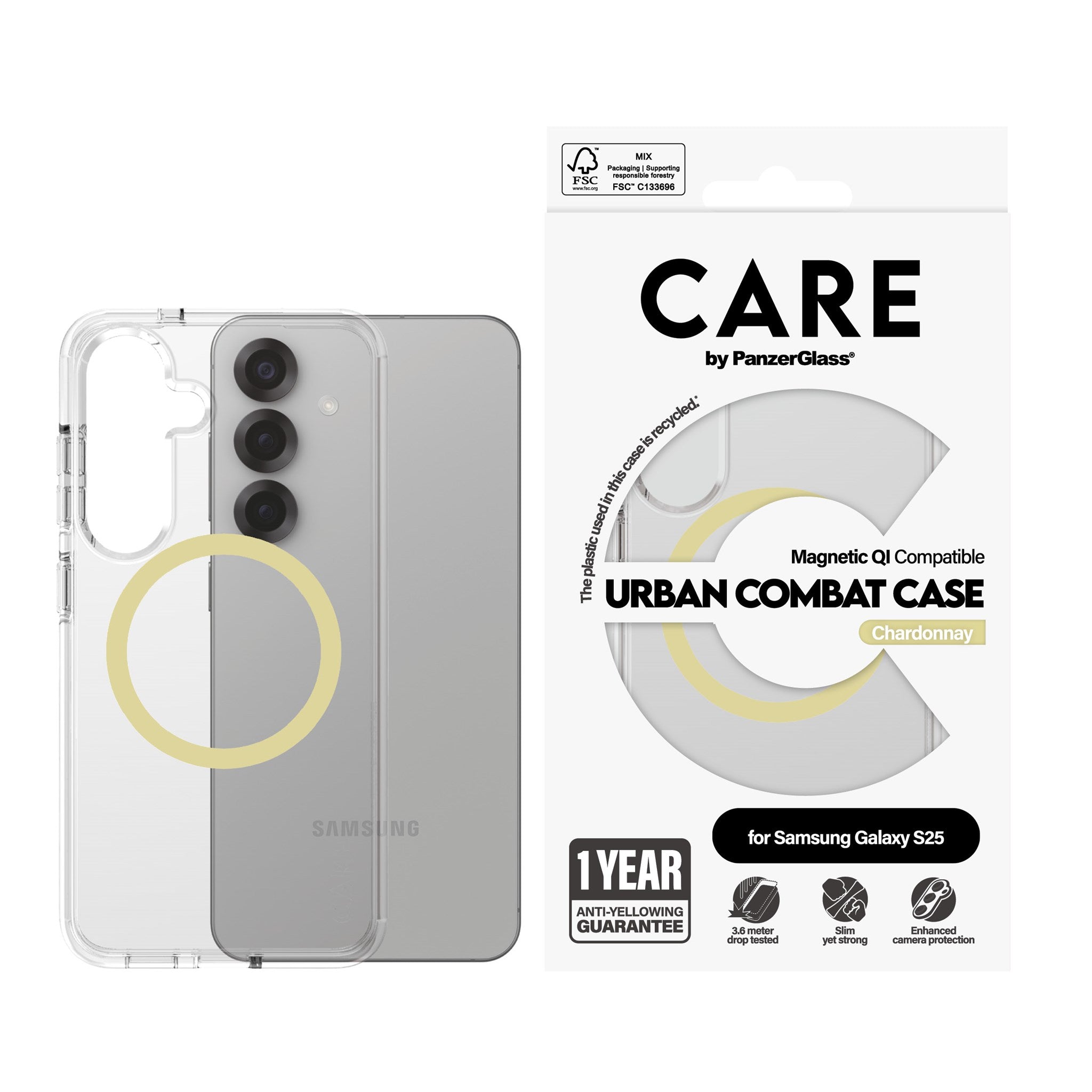 CARE by PanzerGlass® Flagship Case Transparent Urban Combat m. Chardonnay Qi Compatible Samsung Galaxy S25