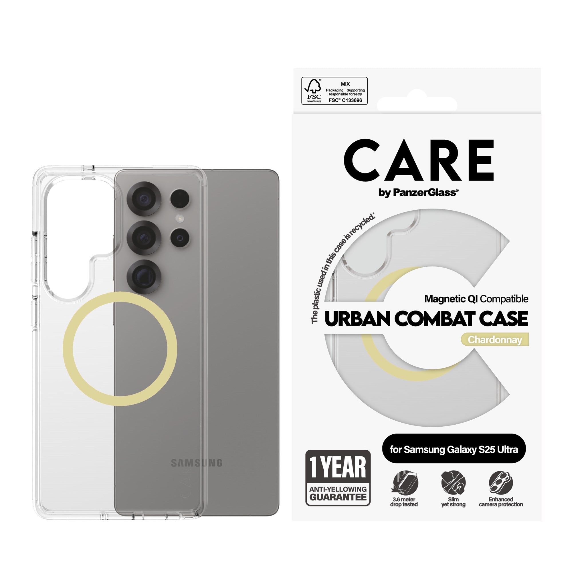 CARE by PanzerGlass® Flagship Case Transparent Urban Combat m. Chardonnay Qi Compatible Samsung Galaxy S25 Ultra