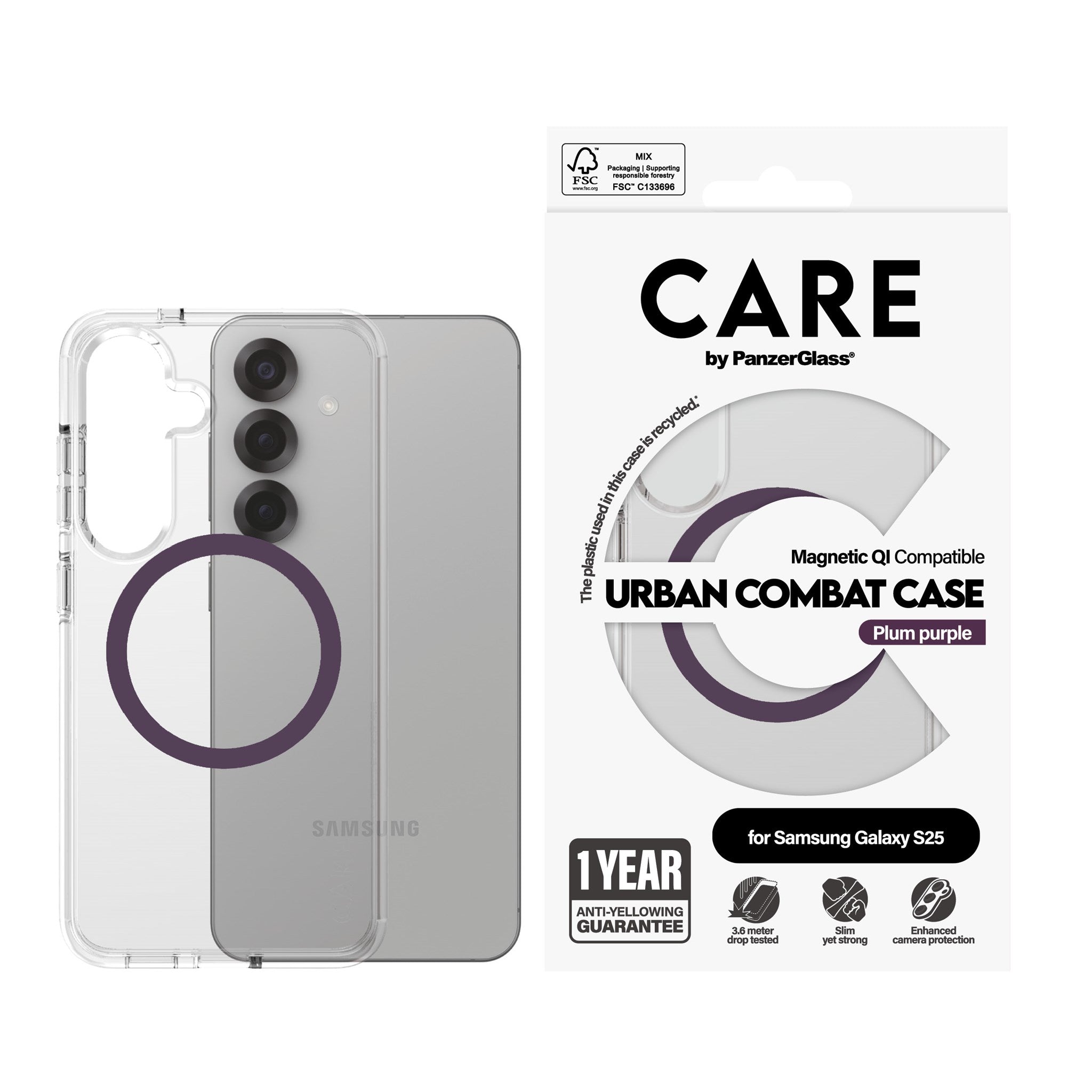 CARE by PanzerGlass® Flagship Case Transparent Urban Combat m.  Plum Purple Qi Compatible Samsung Galaxy S25