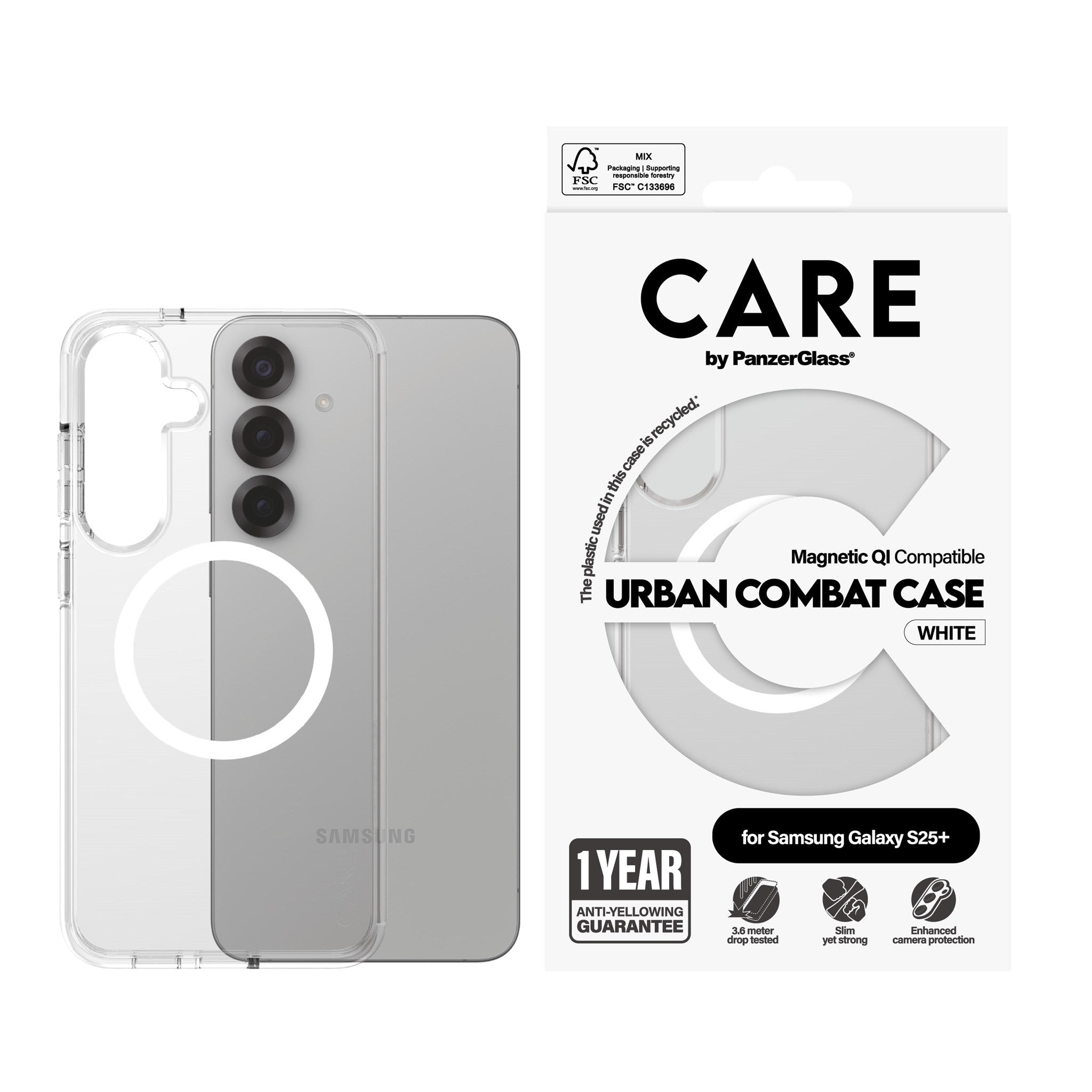 CARE by PanzerGlass® Flagship Case Transparent Urban Combat m. Weiß Qi Compatible Samsung Galaxy S25+