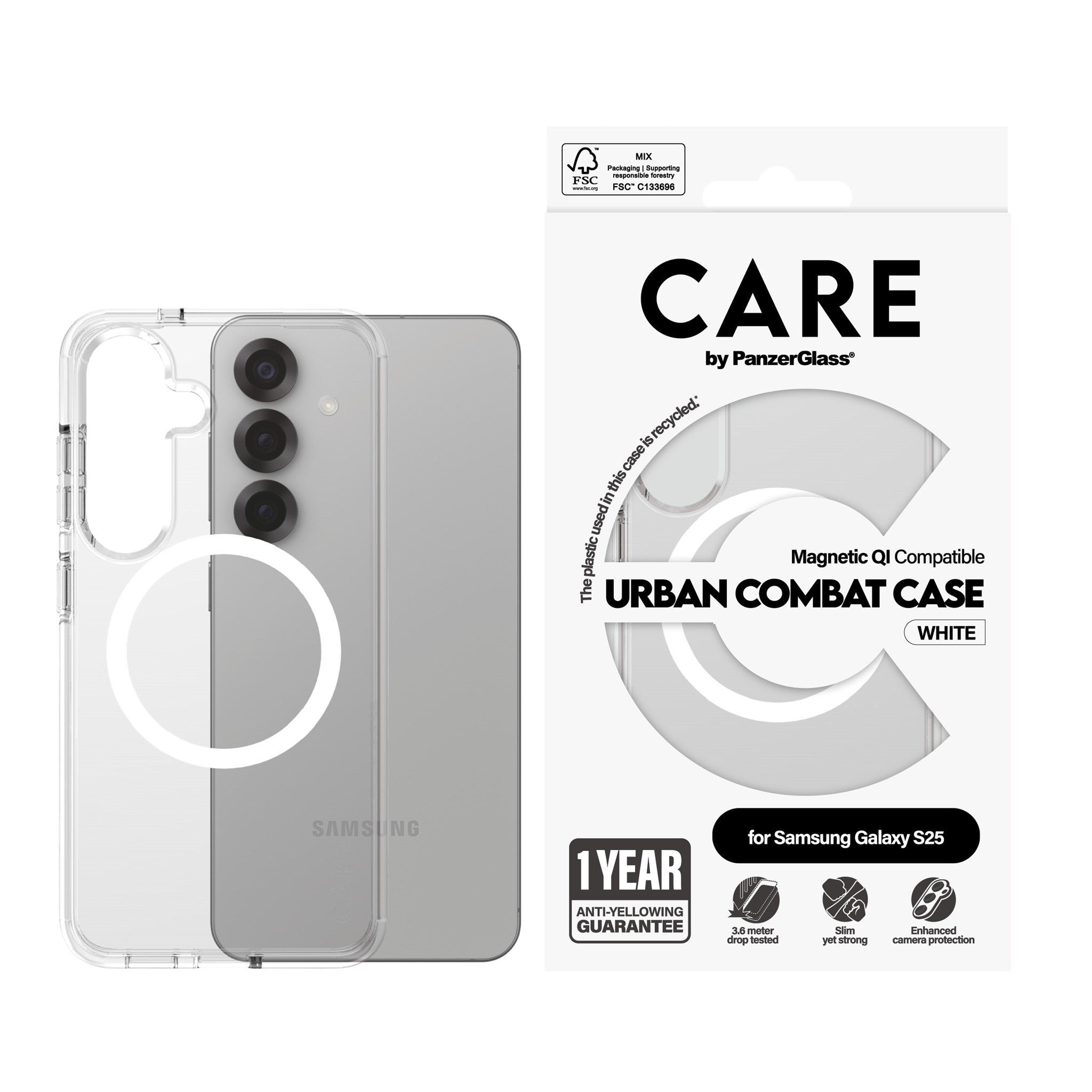CARE by PanzerGlass® Flagship Case Transparent Urban Combat m. Weiß Qi Compatible Samsung Galaxy S25