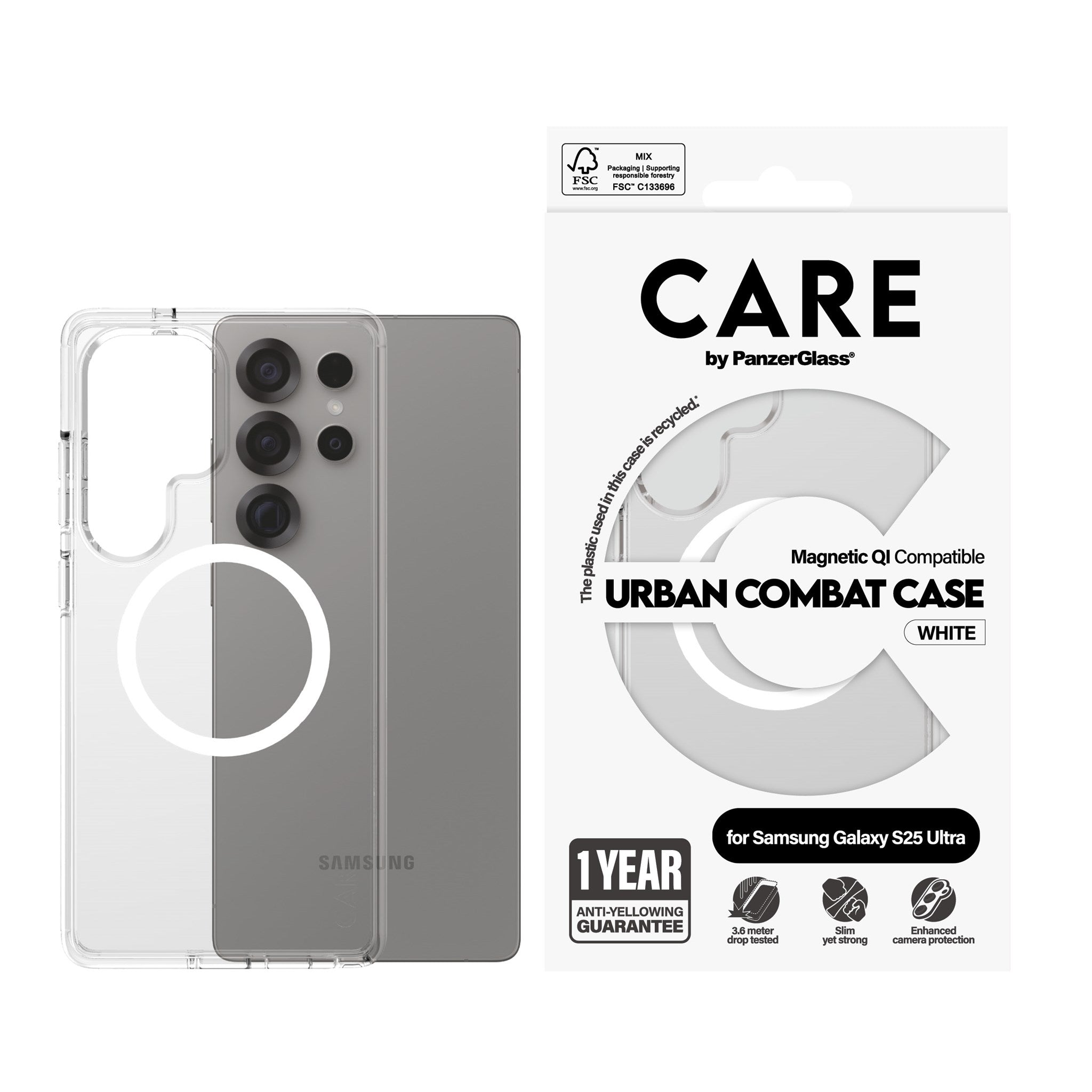 CARE by PanzerGlass® Flagship Case Transparent Urban Combat m. Weiß Qi Compatible Samsung Galaxy S25 Ultra