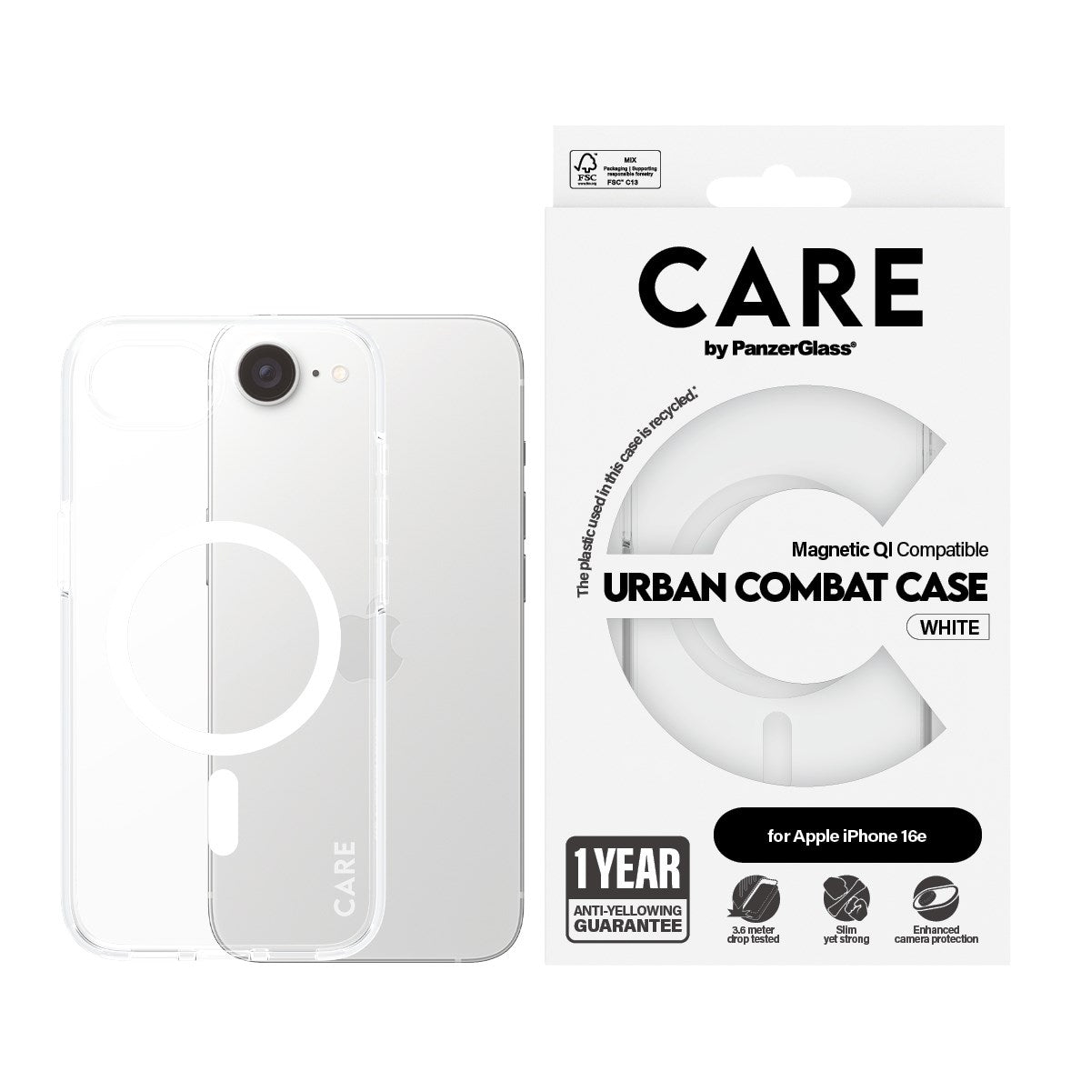 CARE by PanzerGlass® Flagship Case Transparent Urban Combat m. Weiß Qi Compatible iPhone 16e