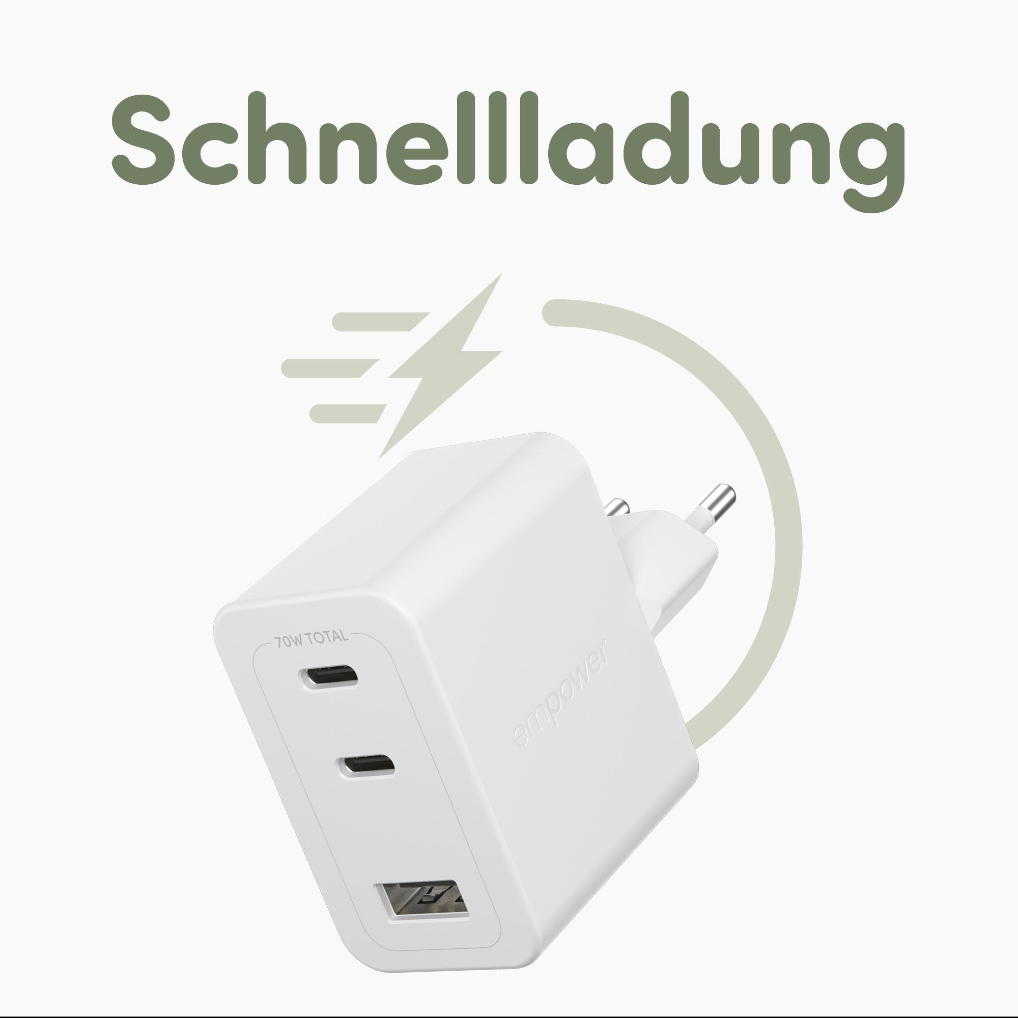 empower by PanzerGlass® Turbo 70W Multiple Ladegarät inkl. 2 x USB-C + USB-A | EU Anschluss | Silber Weiss