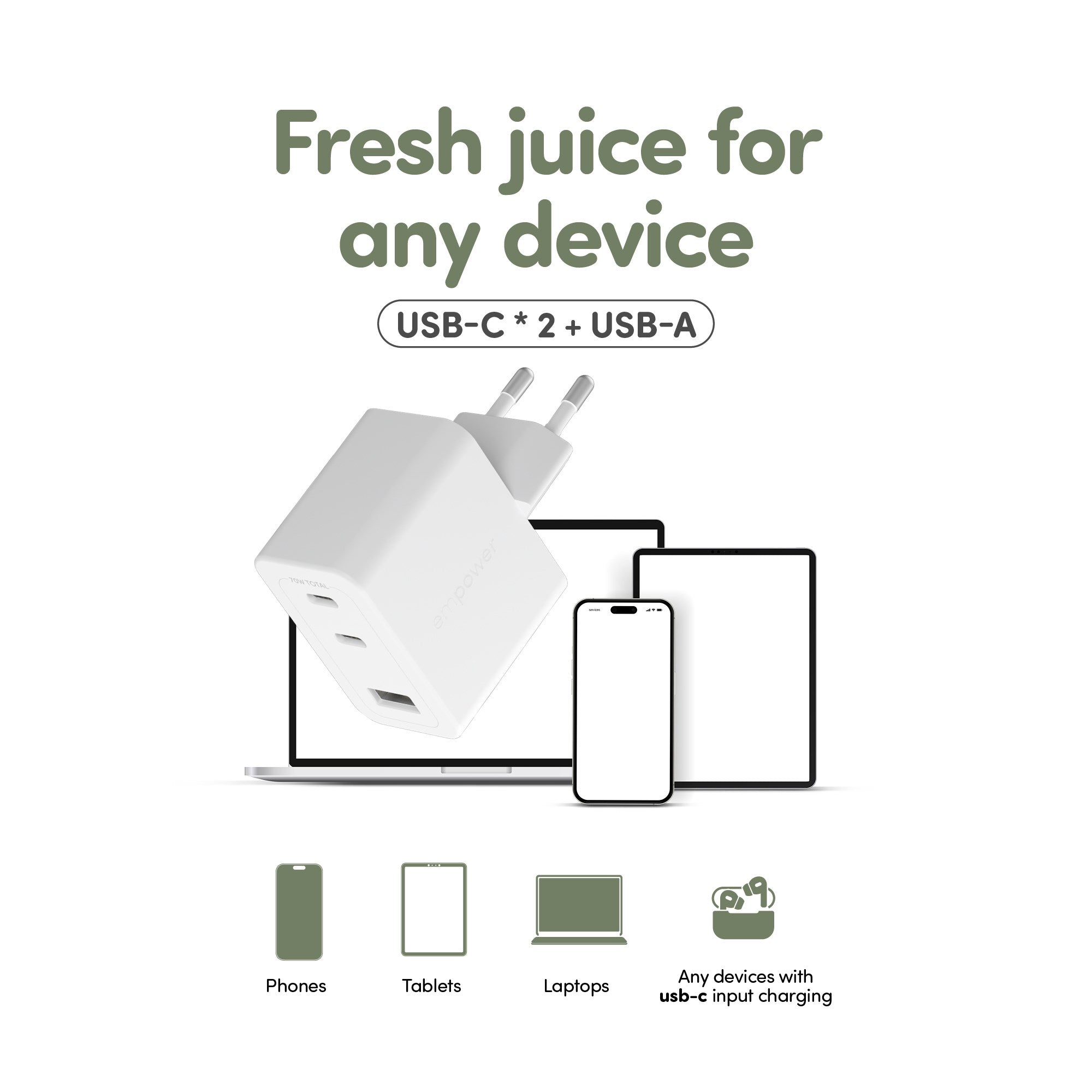 empower by PanzerGlass® Turbo 70W Multiple Ladegarät inkl. 2 x USB-C + USB-A | EU Anschluss | Silber Weiss