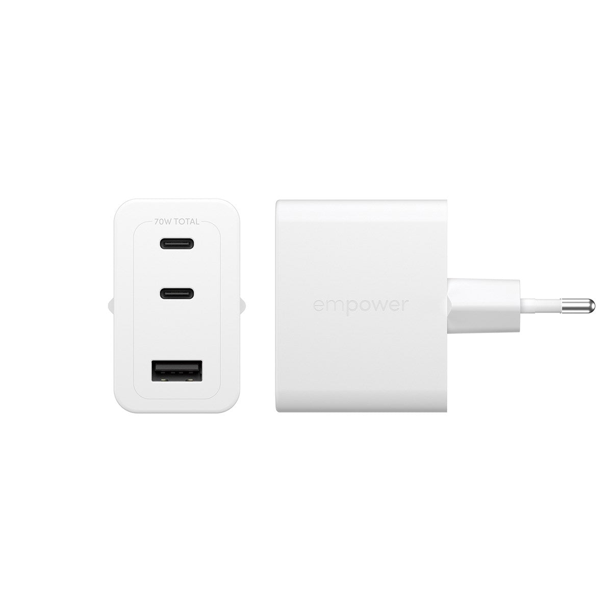 empower by PanzerGlass® Turbo 70W Multiple Ladegarät inkl. 2 x USB-C + USB-A | EU Anschluss | Silber Weiss
