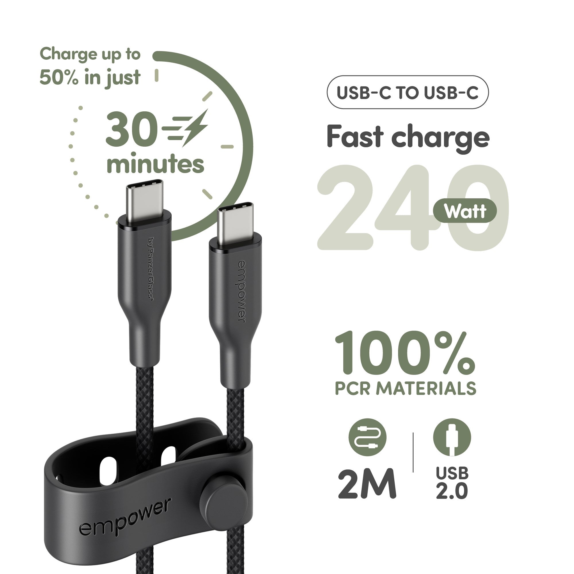 empower by PanzerGlass® Racing 240W USB-C to USB-C Kabel | USB 2.0 | 2M | Weltall Schwarz