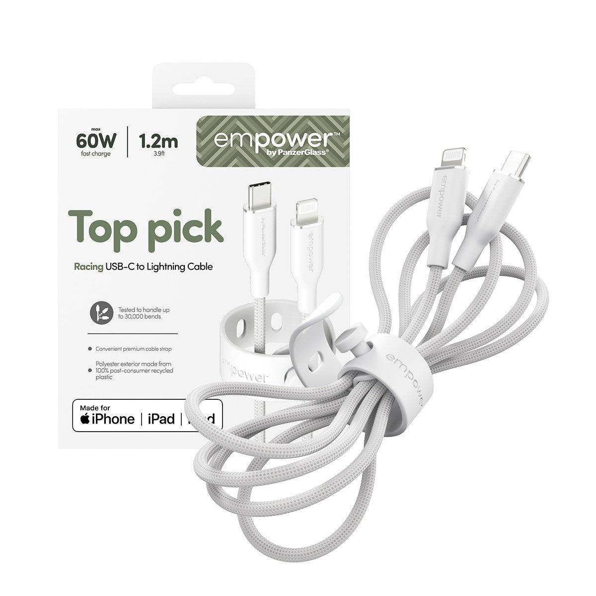 empower by PanzerGlass® Racing 60W USB-C to Lightning Kabel | USB 2.0 | 1.2M | Silber Weiss