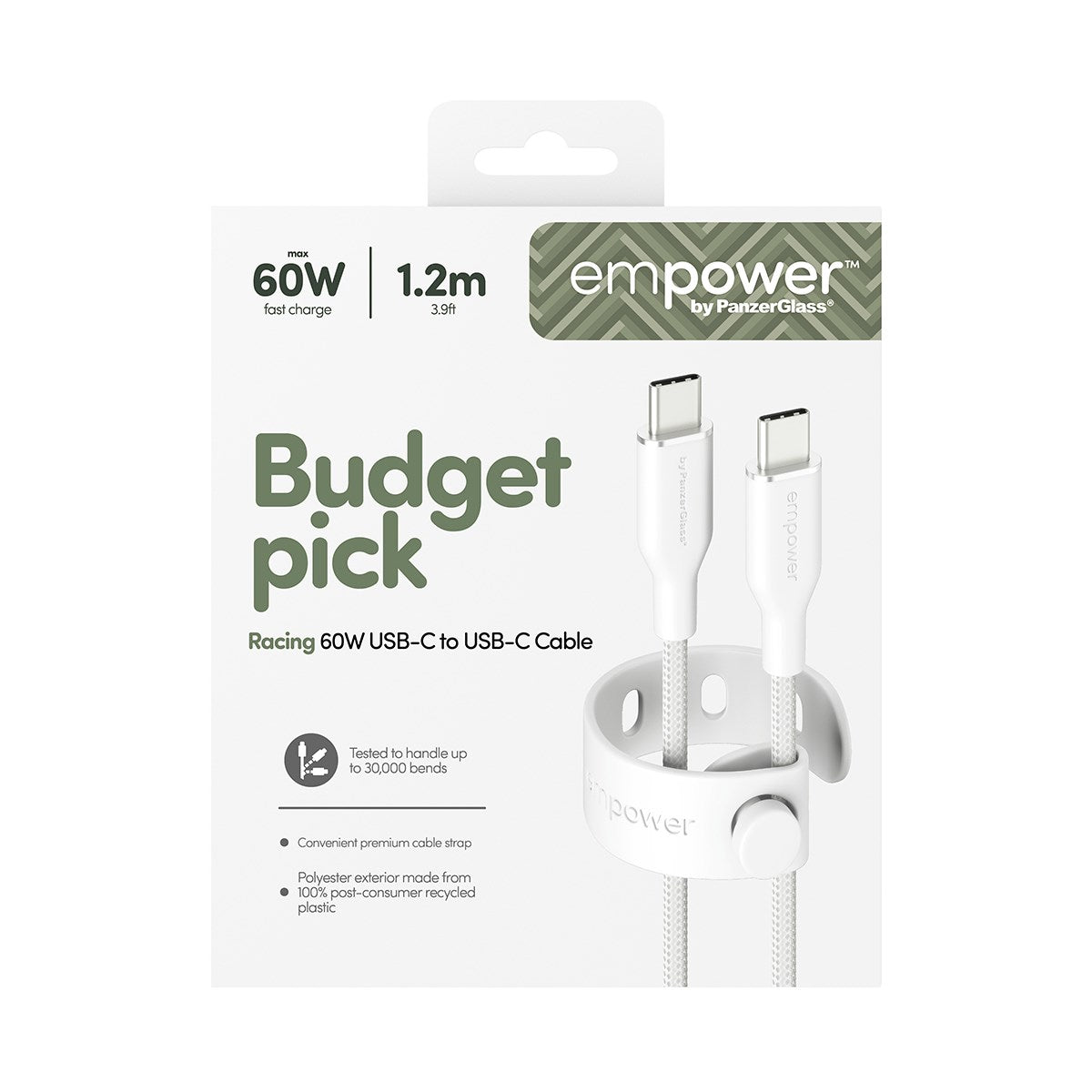 empower by PanzerGlass® Racing 60W USB-C to USB-C Kabel | USB 2.0 | 1.2M | Silber Weiss