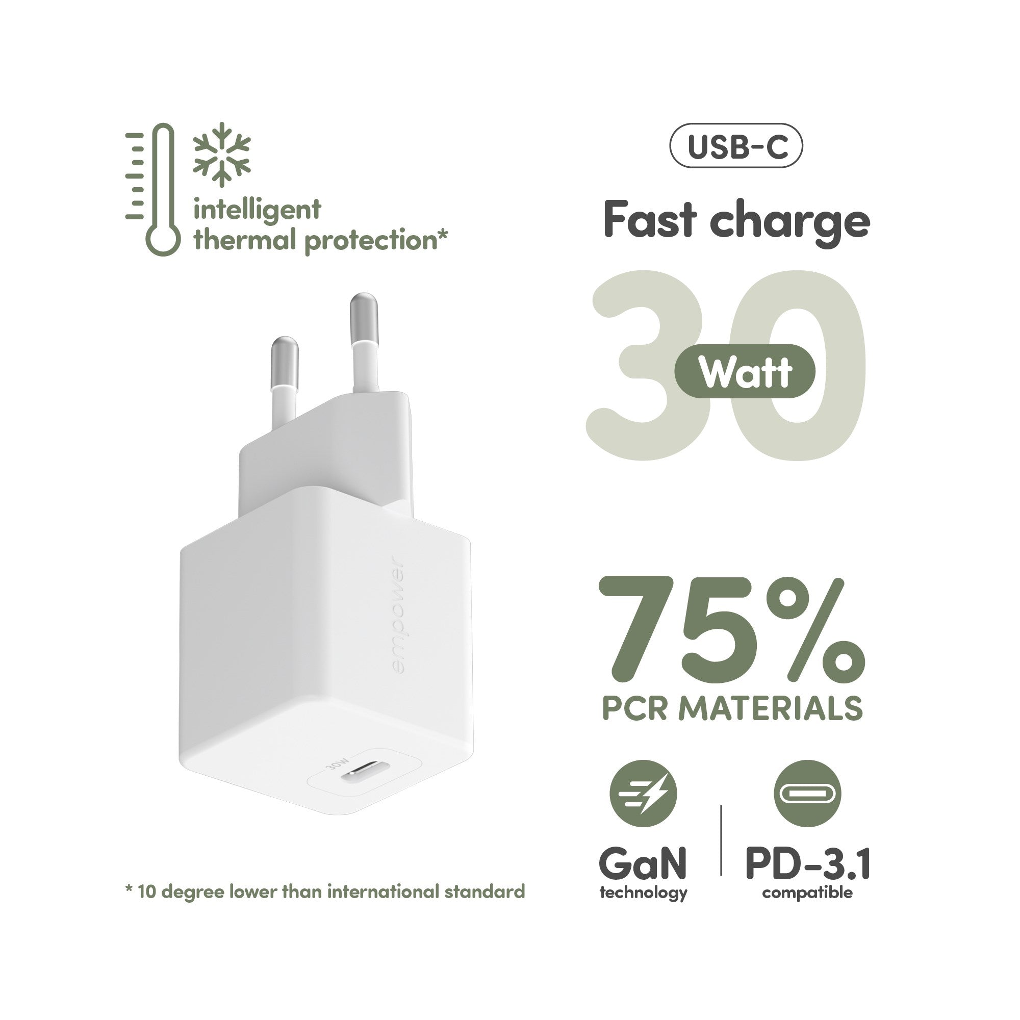 empower™ by PanzerGlass® Turbo 30W Ladegarät Single USB-C | EU Anschluss | Silber Weiss