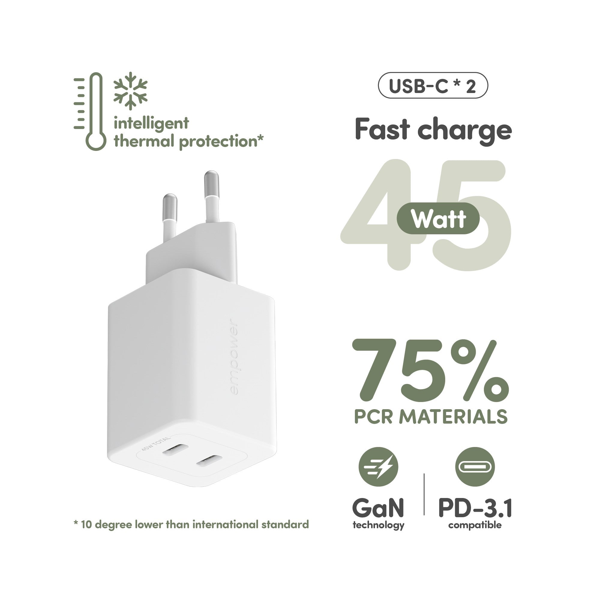 empower by PanzerGlass® Turbo 45W Ladegarät inkl. 2 x USB-C | EU Anschluss | Silber Weiss