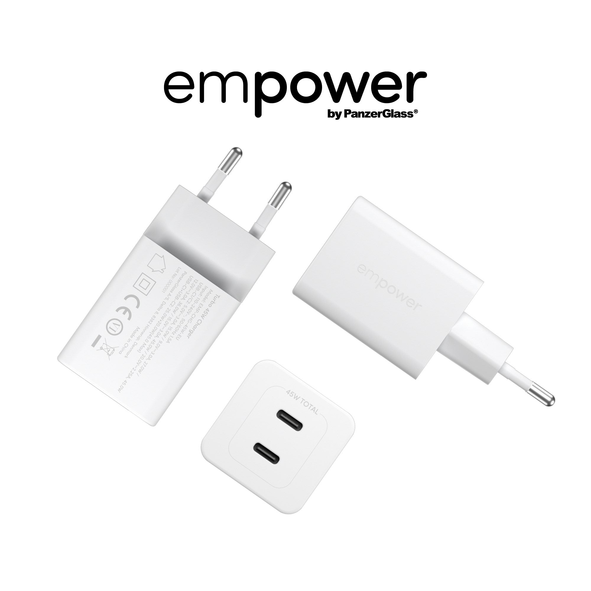 empower™ by PanzerGlass® Turbo 45W Ladegarät inkl. 2 x USB-C | EU Anschluss | Silber Weiss