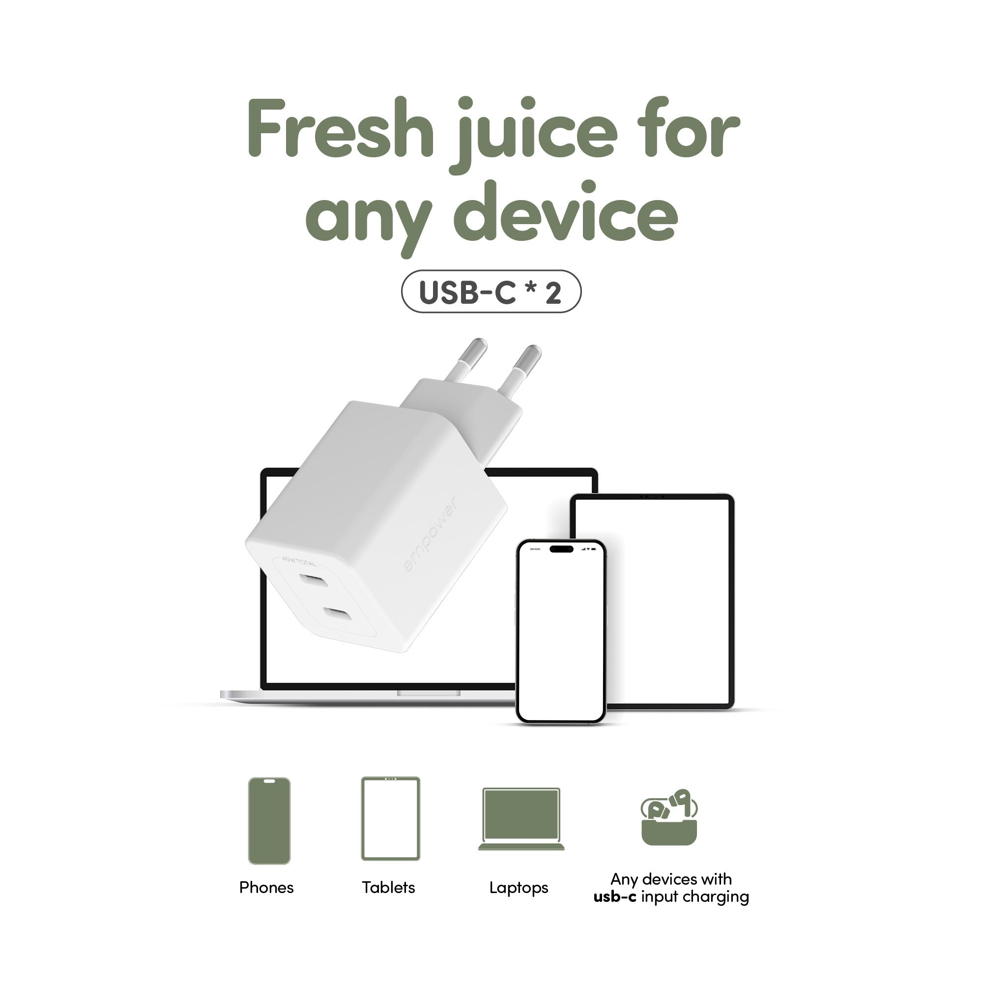 empower by PanzerGlass® Turbo 45W Ladegarät inkl. 2 x USB-C | EU Anschluss | Silber Weiss