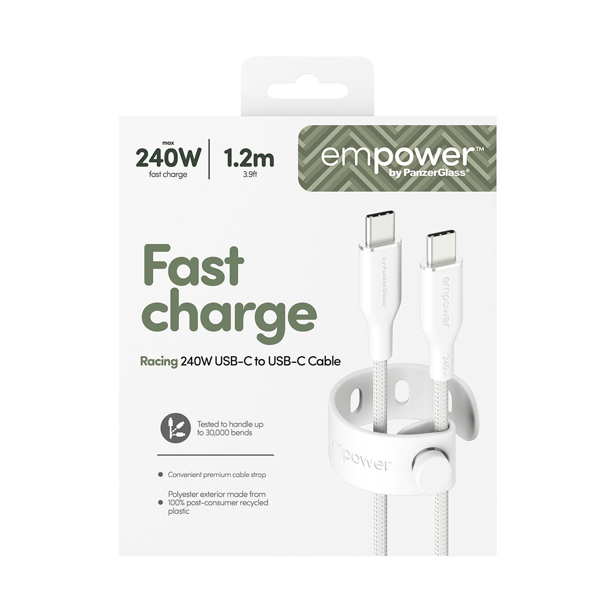 empower by PanzerGlass® Racing 240W USB-C to USB-C Kabel | USB 2.0 | 1.2M | Silber Weiss