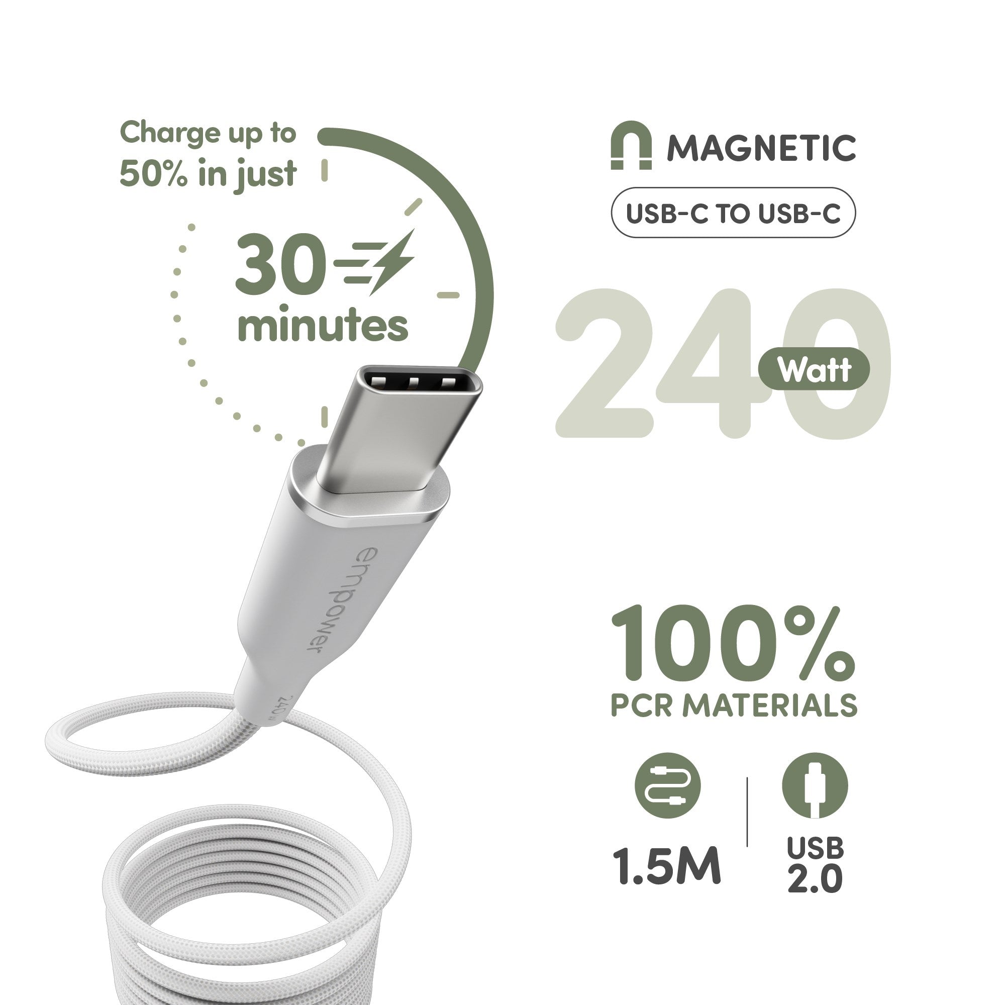 empower by PanzerGlass® Magnetic 240W USB-C to USB-C Kabel | USB 2.0 | 1.5M |Silber Weiss
