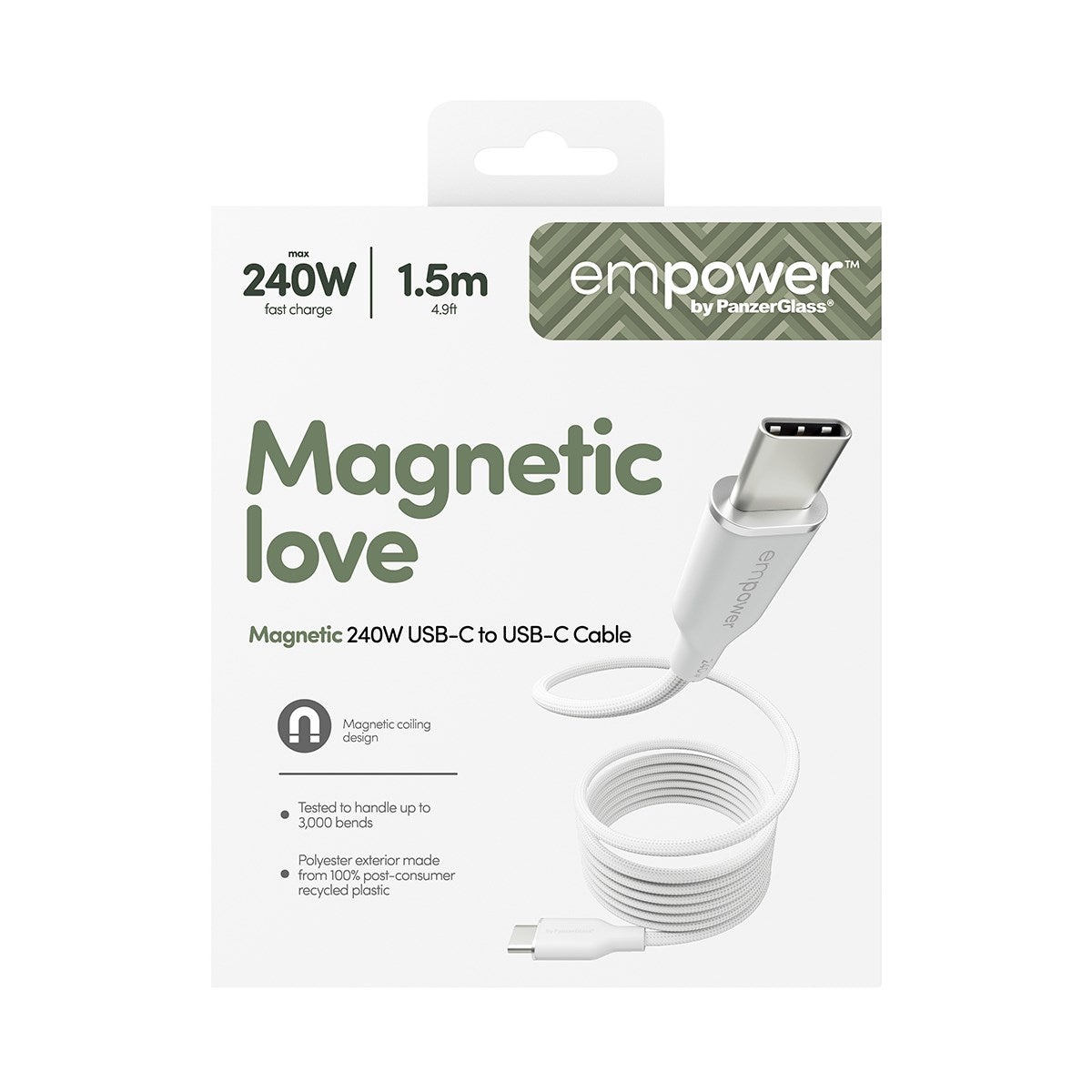 empower by PanzerGlass® Magnetic 240W USB-C to USB-C Kabel | USB 2.0 | 1.5M |Silber Weiss